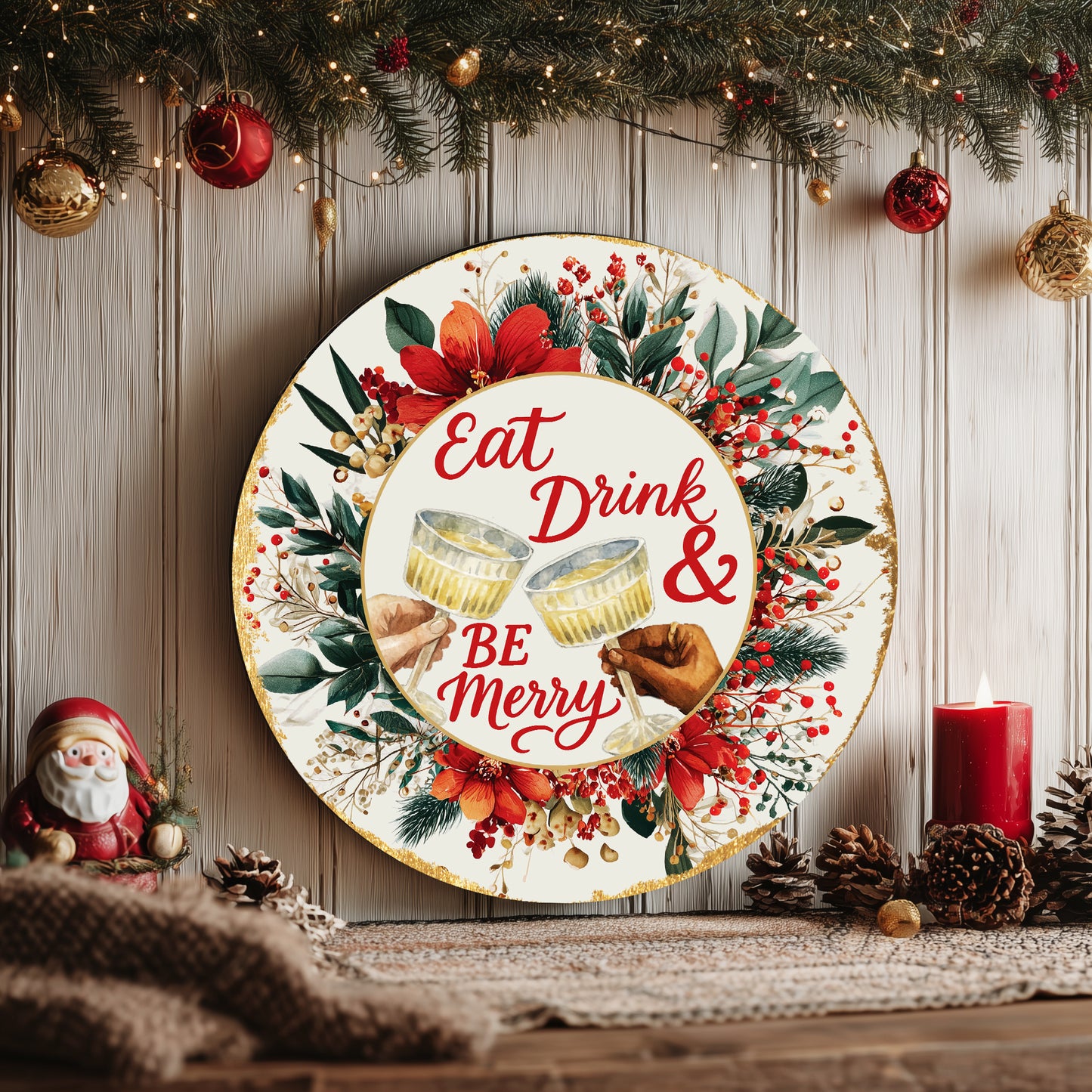 Festive Christmas Be Merry Round Sign | Rustic Holiday Wall Decor
