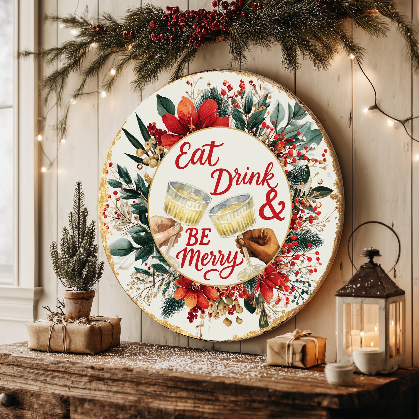 Festive Christmas Be Merry Round Sign | Rustic Holiday Wall Decor