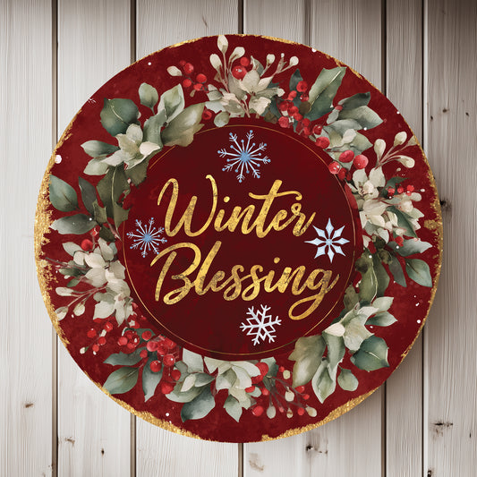 Festive Winter Blessing Round Sign | Cozy Farmhouse Door & Wall Art