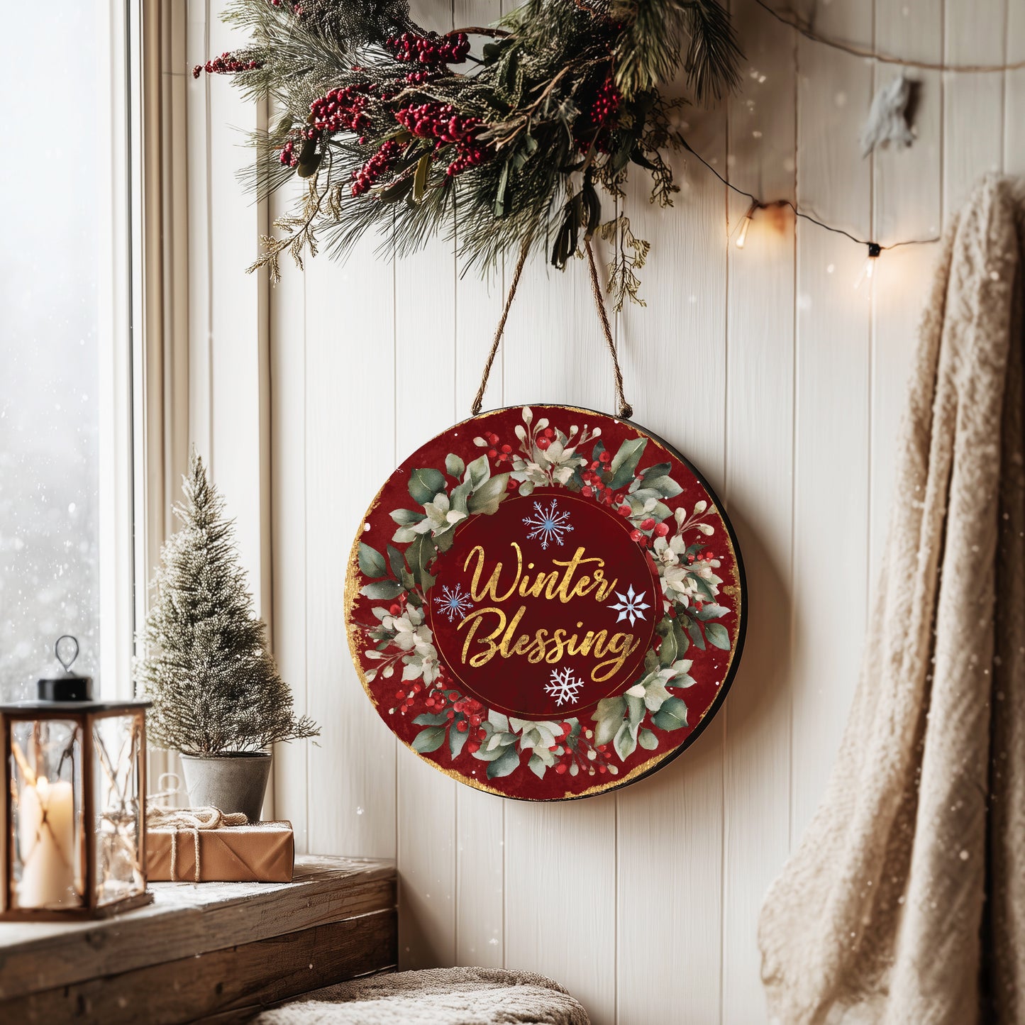 Festive Winter Blessing Round Sign | Cozy Farmhouse Door & Wall Art