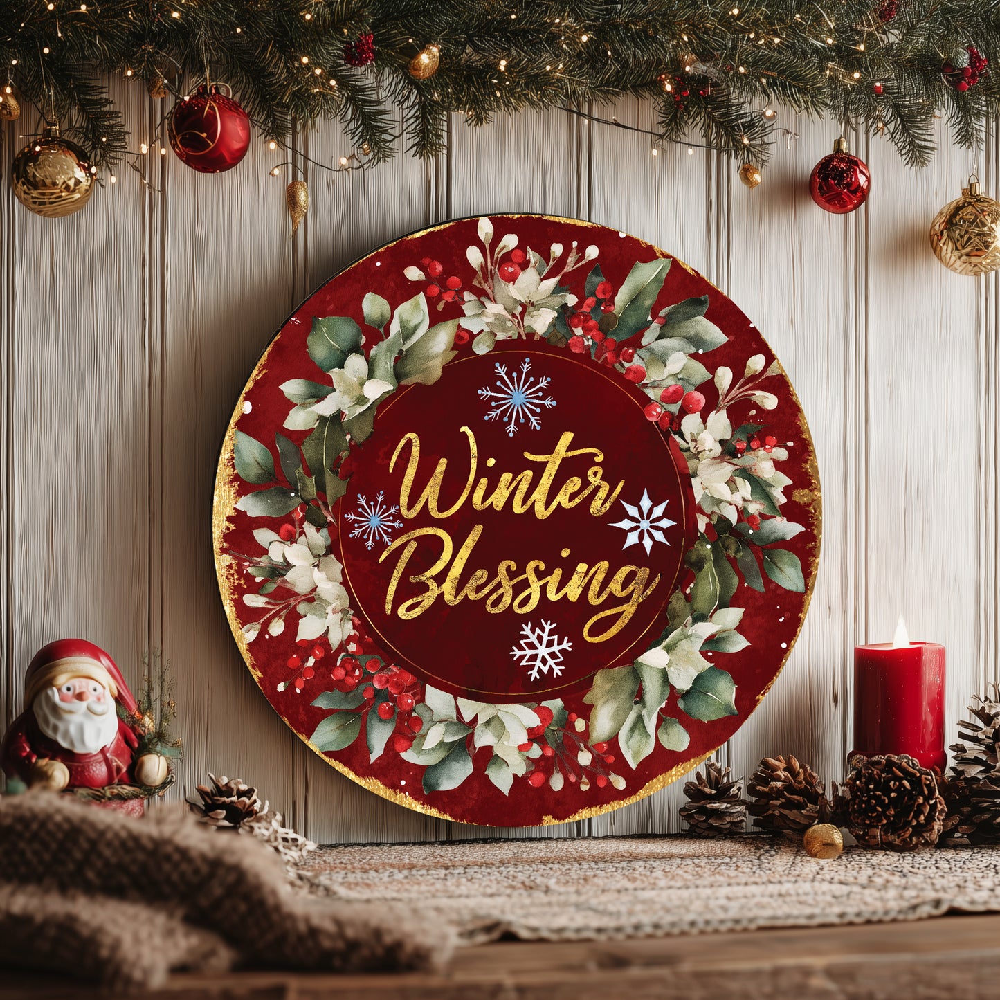 Festive Winter Blessing Round Sign | Cozy Farmhouse Door & Wall Art