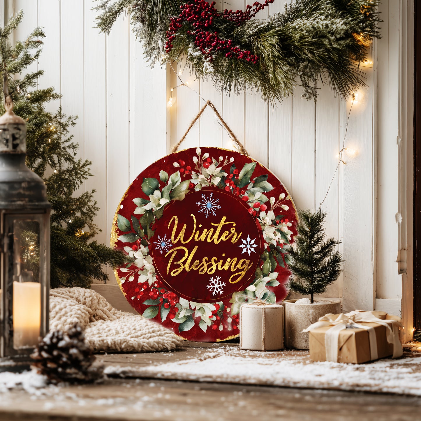 Festive Winter Blessing Round Sign | Cozy Farmhouse Door & Wall Art