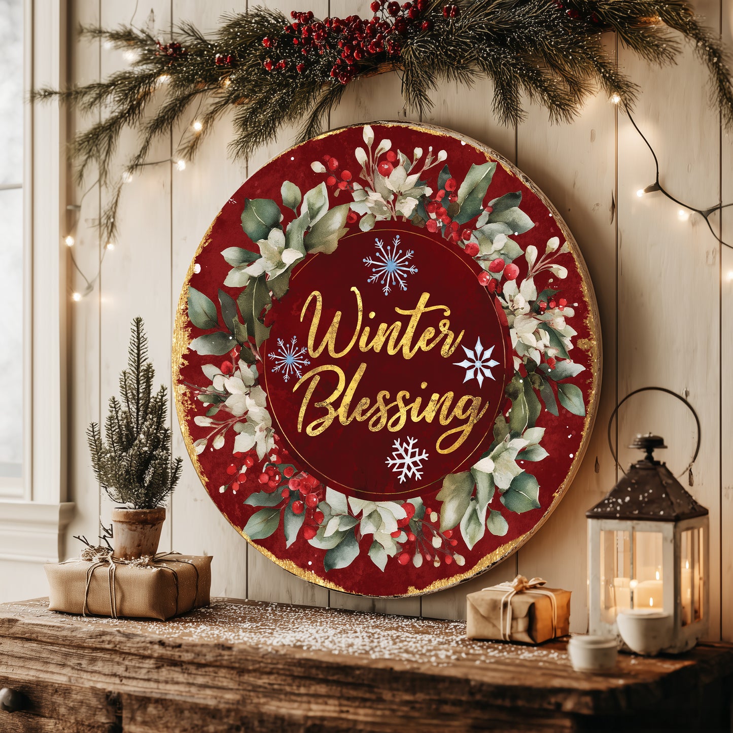 Festive Winter Blessing Round Sign | Cozy Farmhouse Door & Wall Art