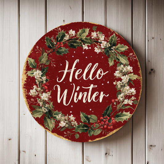 Cozy Hello Winter Round Sign | Modern Farmhouse Door & Wall Decor
