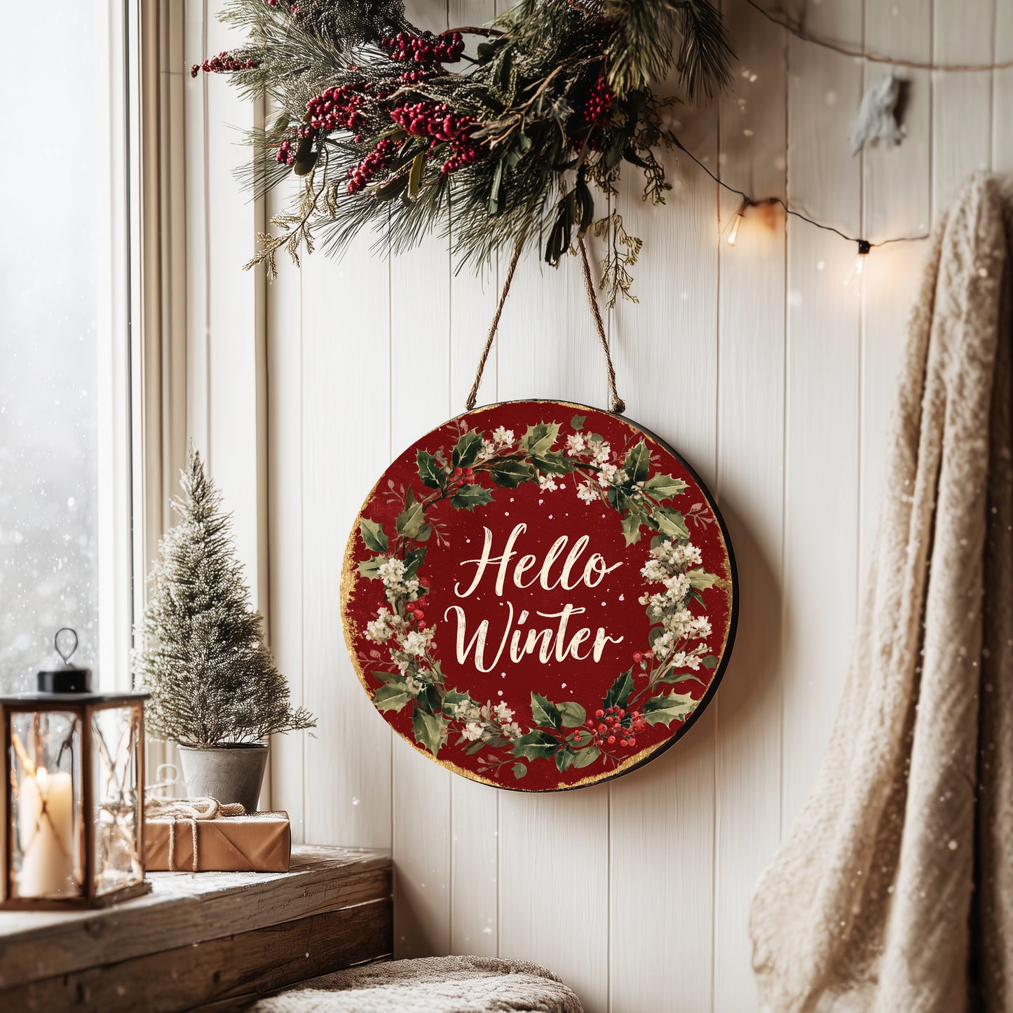 Cozy Hello Winter Round Sign | Modern Farmhouse Door & Wall Decor