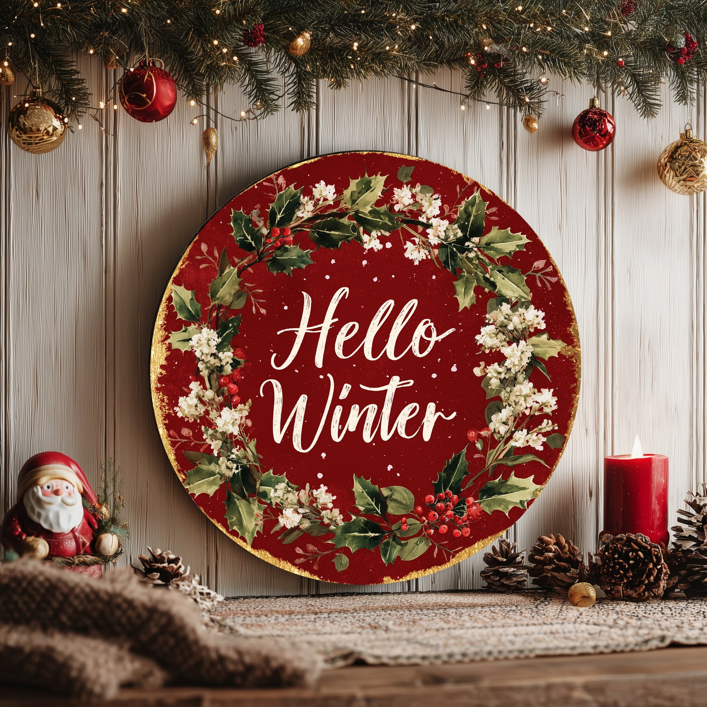 Cozy Hello Winter Round Sign | Modern Farmhouse Door & Wall Decor