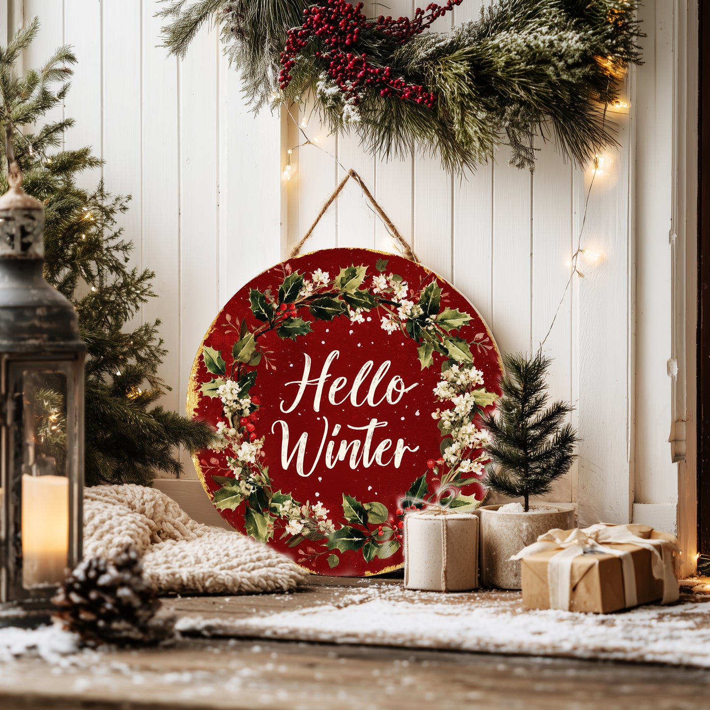 Cozy Hello Winter Round Sign | Modern Farmhouse Door & Wall Decor