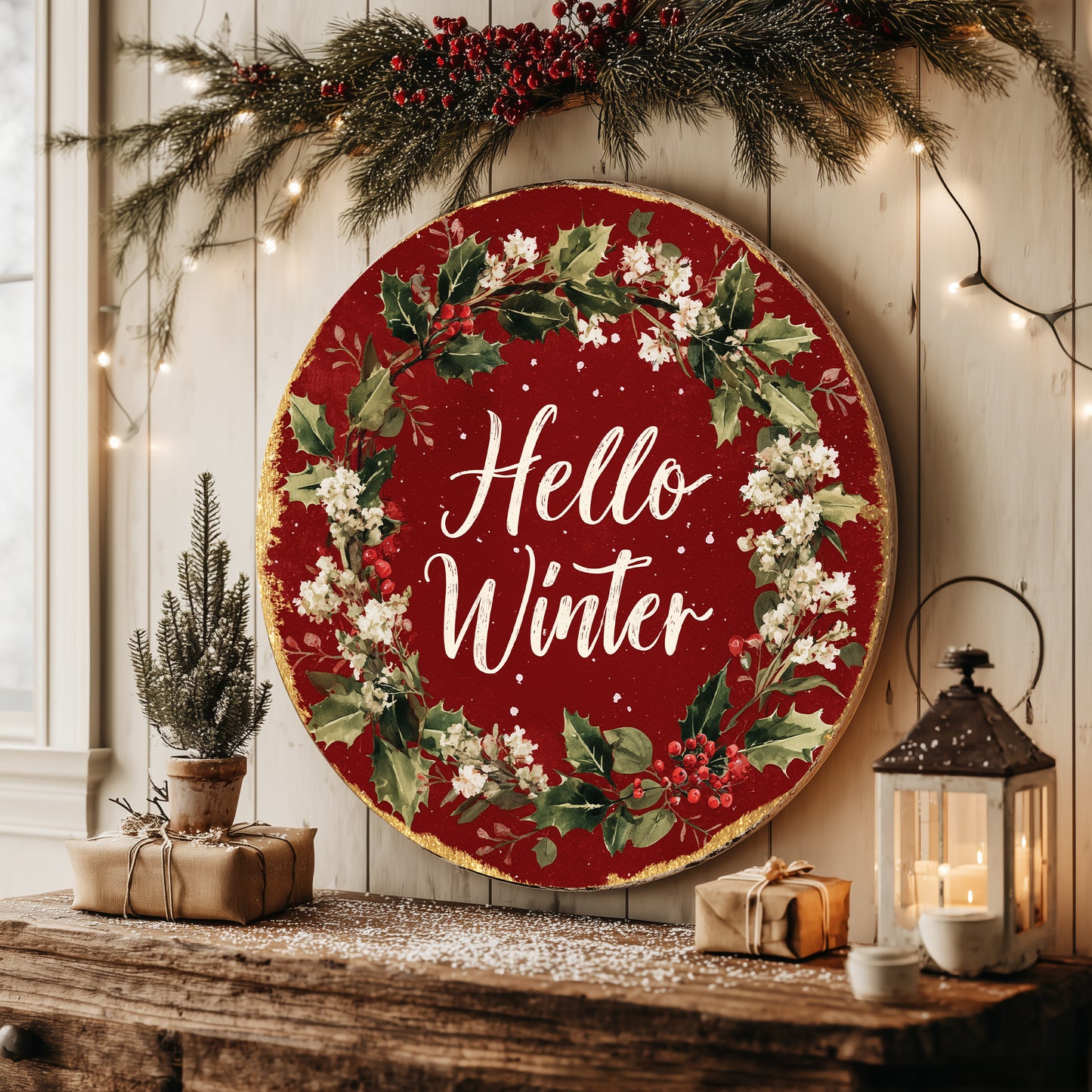 Cozy Hello Winter Round Sign | Modern Farmhouse Door & Wall Decor