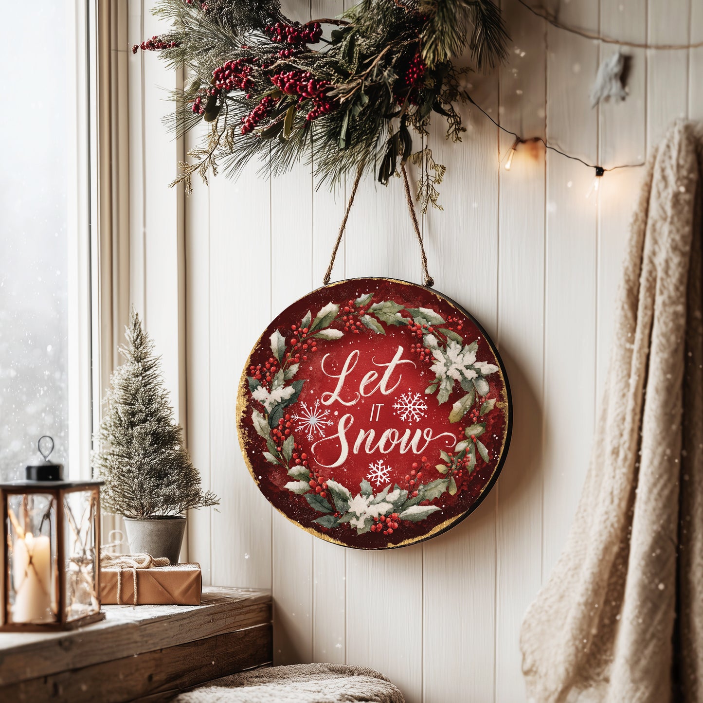 Cozy Winter 'Let It Snow' Round Sign | Modern Farmhouse Door Decor