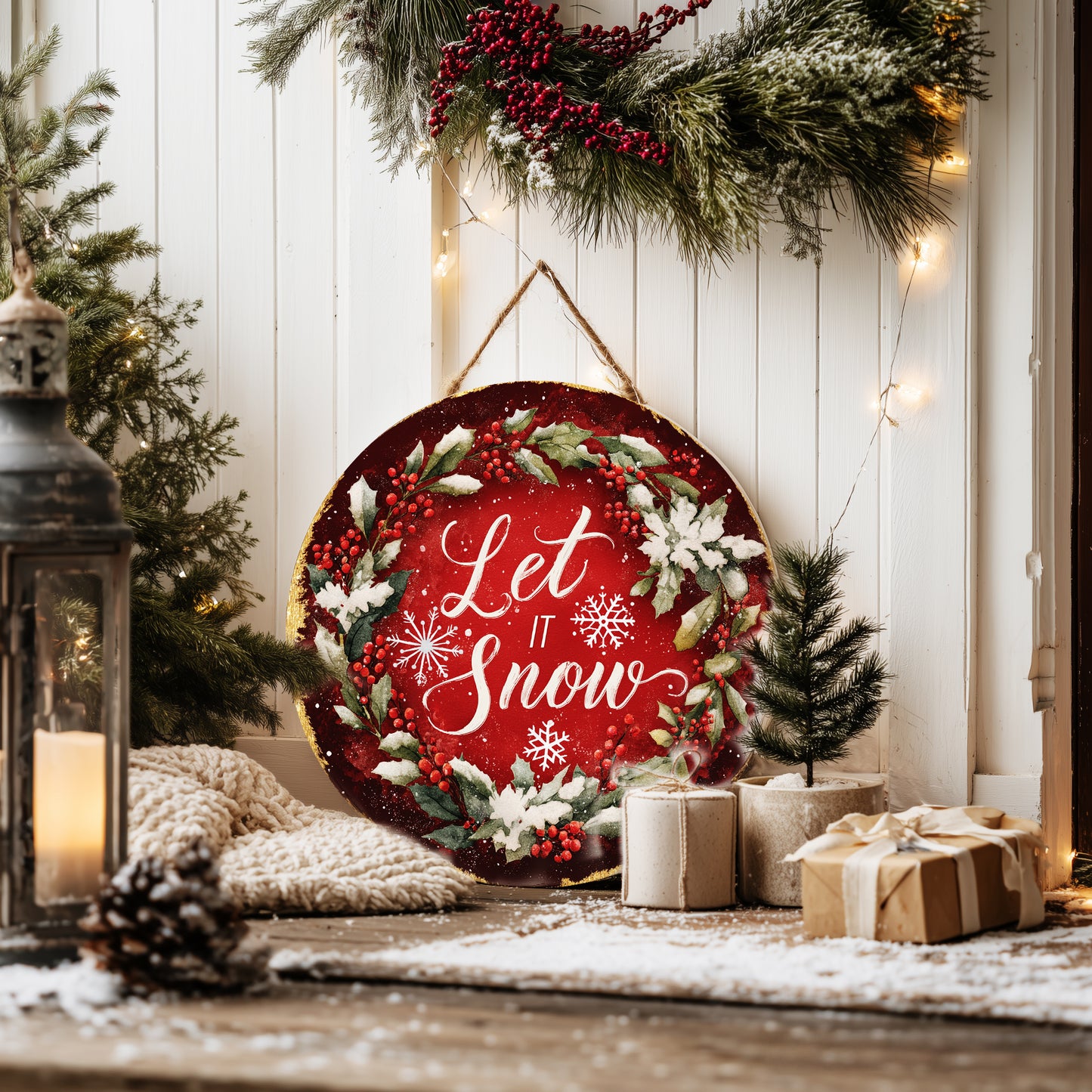 Cozy Winter 'Let It Snow' Round Sign | Modern Farmhouse Door Decor