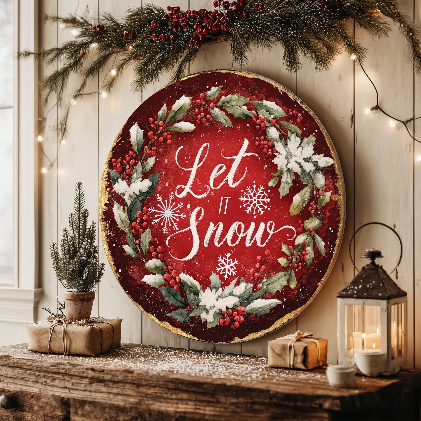 Cozy Winter 'Let It Snow' Round Sign | Modern Farmhouse Door Decor