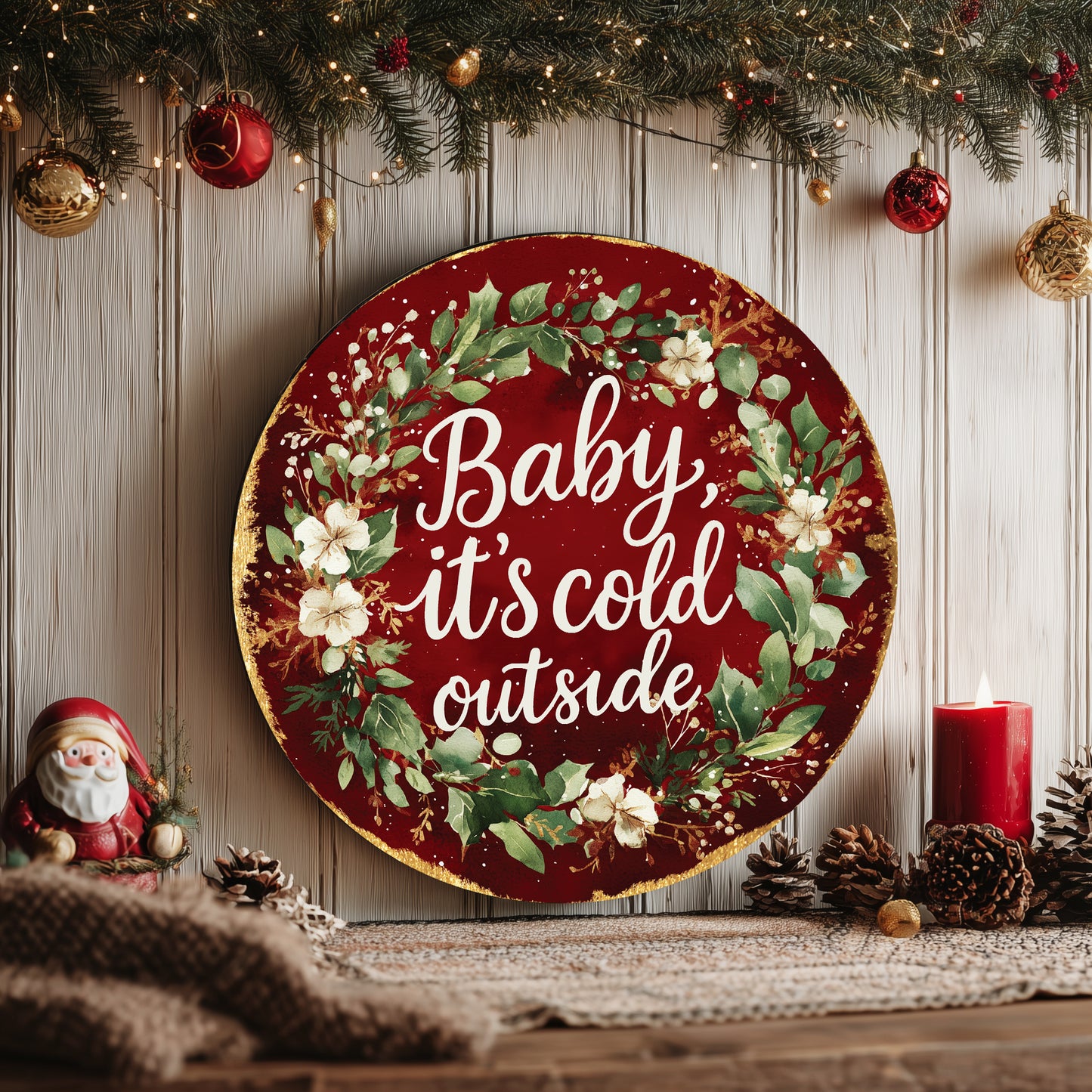 Cozy Winter 'Baby It's Cold Outside' Farmhouse Round Door Sign
