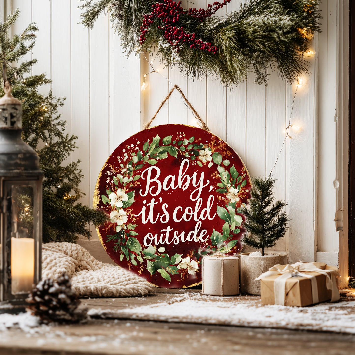 Cozy Winter 'Baby It's Cold Outside' Farmhouse Round Door Sign