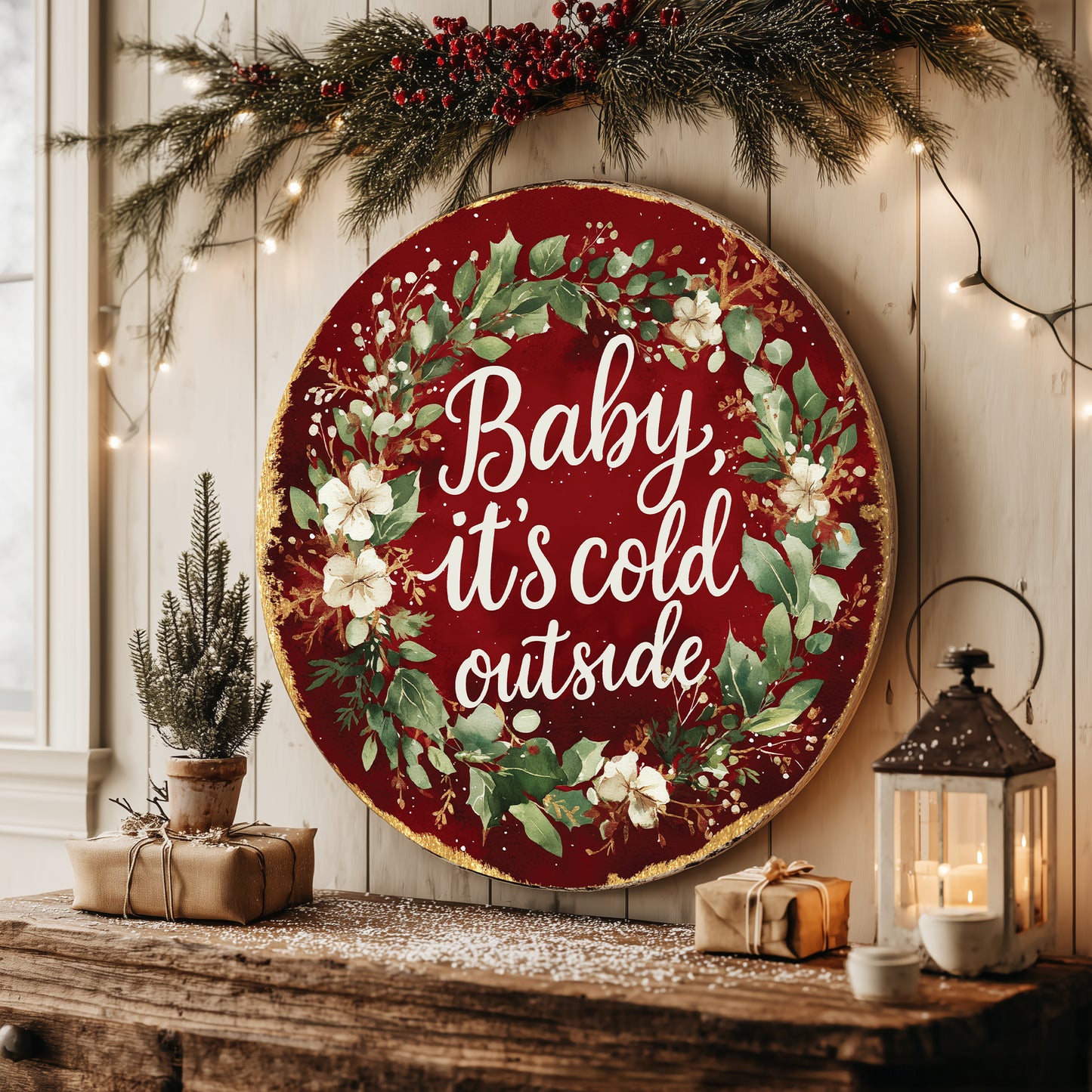 Cozy Winter 'Baby It's Cold Outside' Farmhouse Round Door Sign