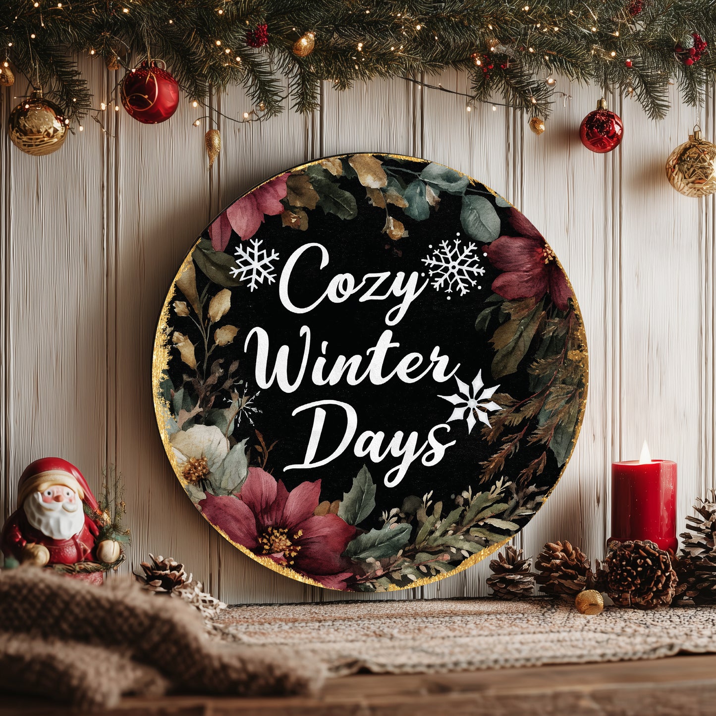 Winter Farmhouse Welcome Door Sign | Cozy Round Home Decor