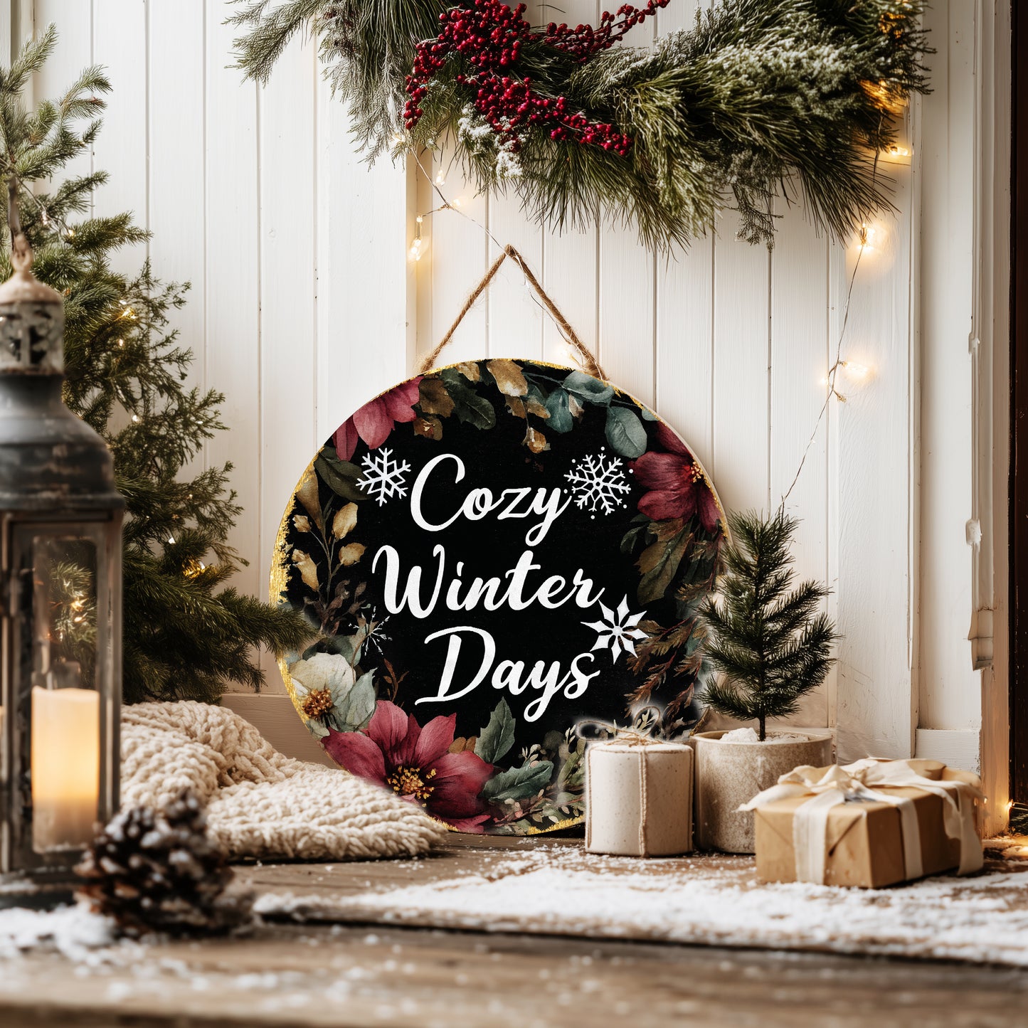 Winter Farmhouse Welcome Door Sign | Cozy Round Home Decor