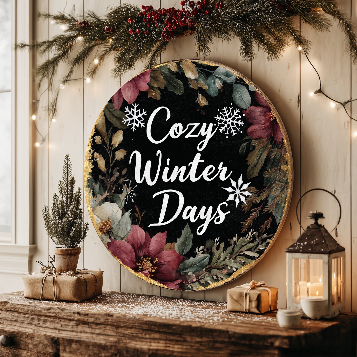Winter Farmhouse Welcome Door Sign | Cozy Round Home Decor