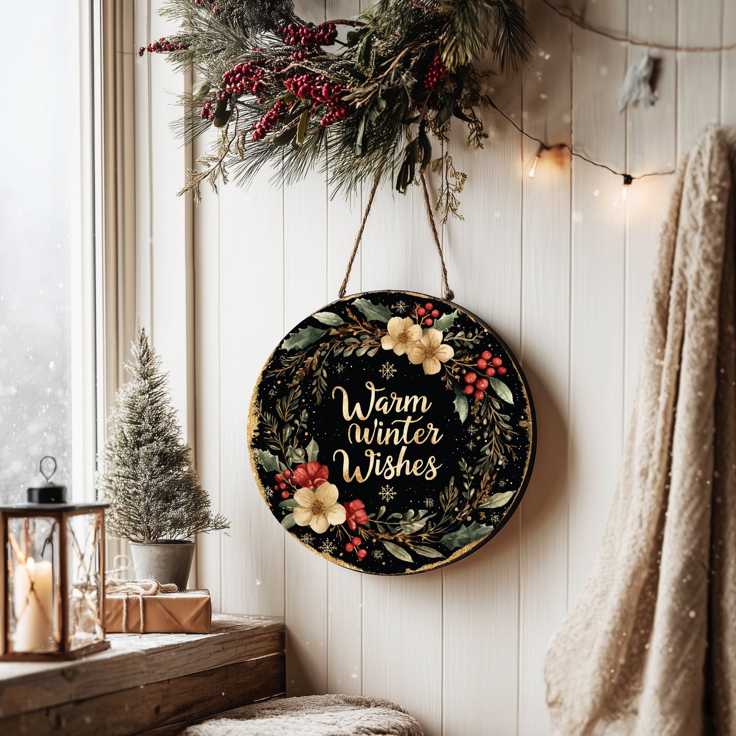 Winter Farmhouse Round Door Sign | Cozy Welcome Home Decor