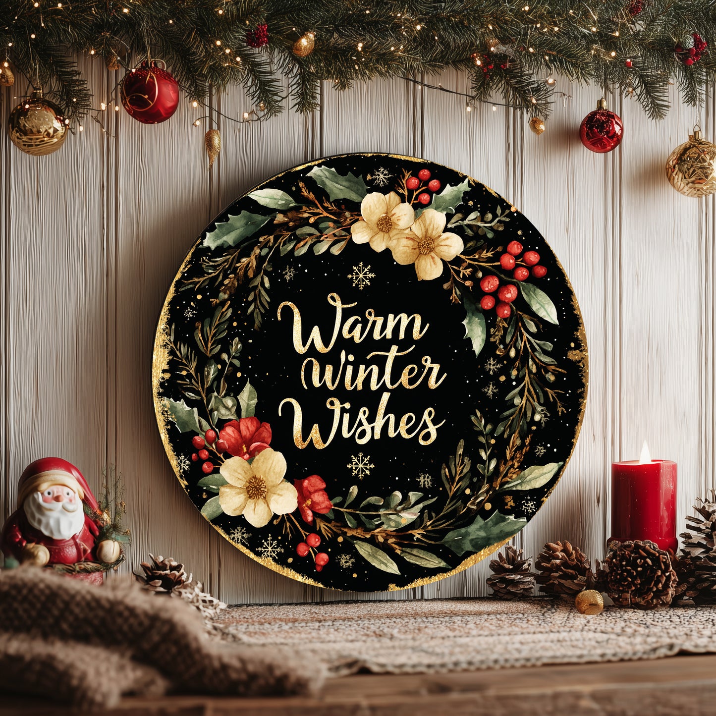 Winter Farmhouse Round Door Sign | Cozy Welcome Home Decor