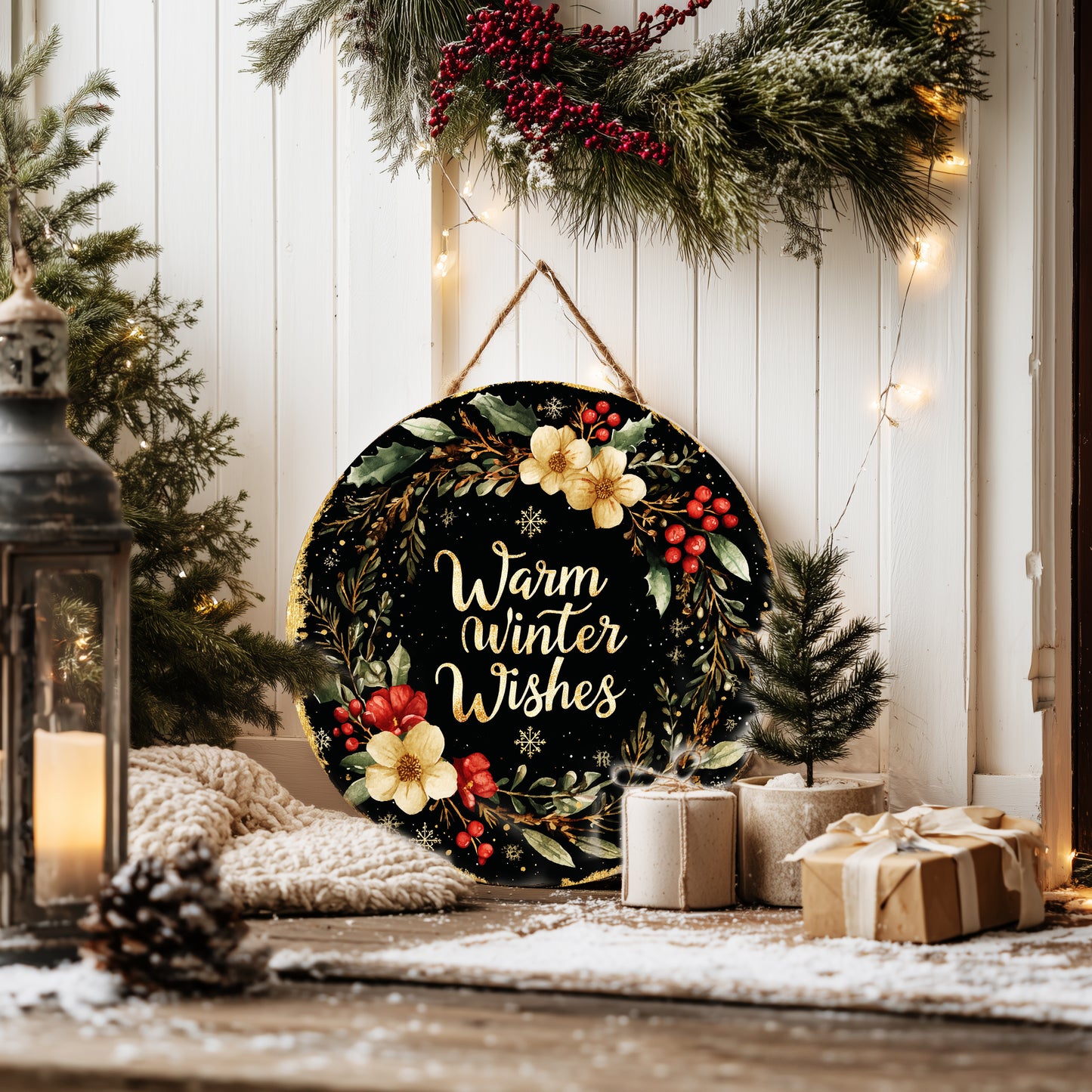 Winter Farmhouse Round Door Sign | Cozy Welcome Home Decor