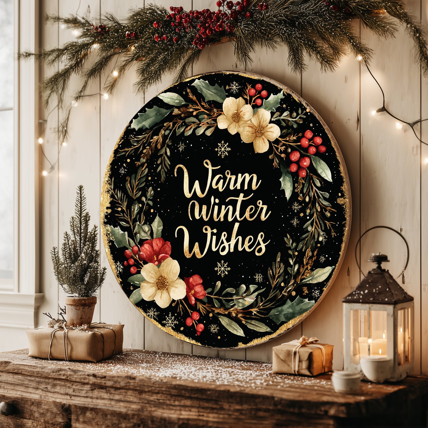 Winter Farmhouse Round Door Sign | Cozy Welcome Home Decor