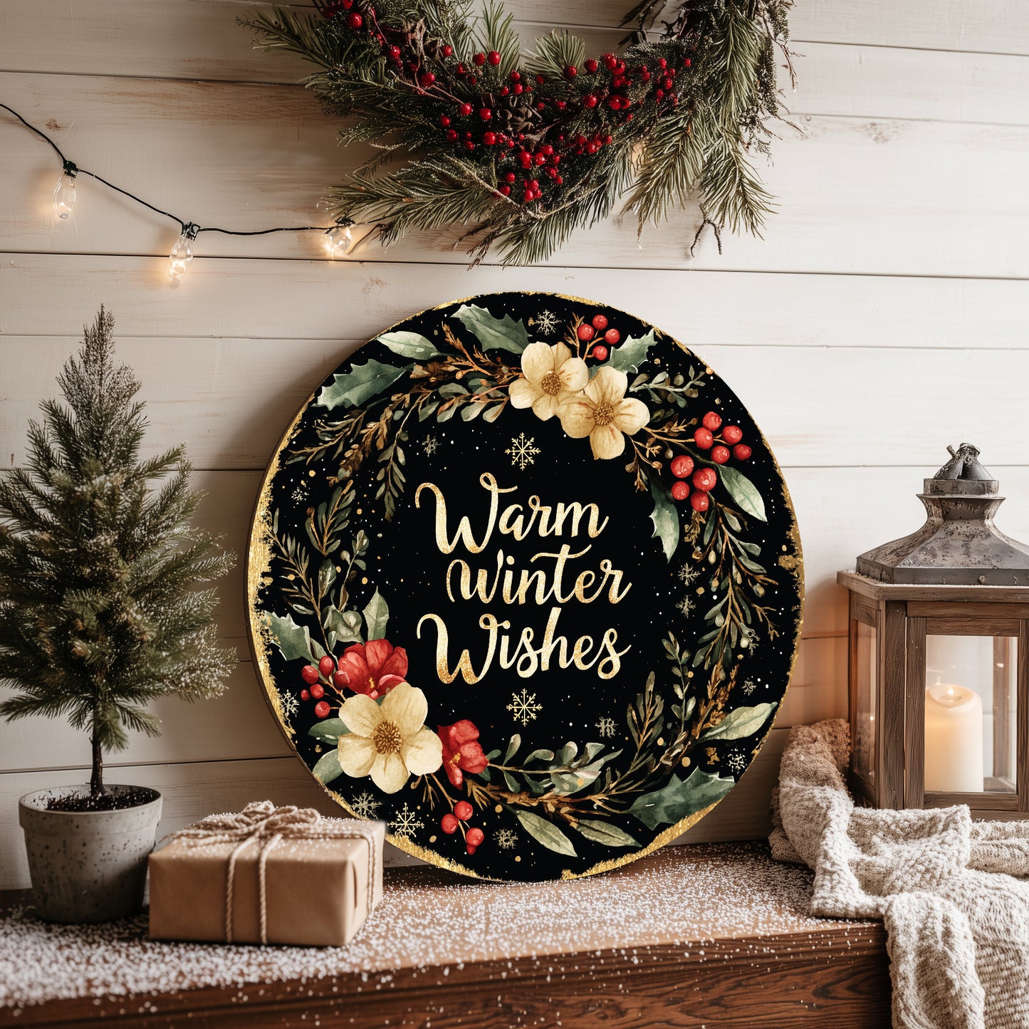 Winter Farmhouse Round Door Sign | Cozy Welcome Home Decor