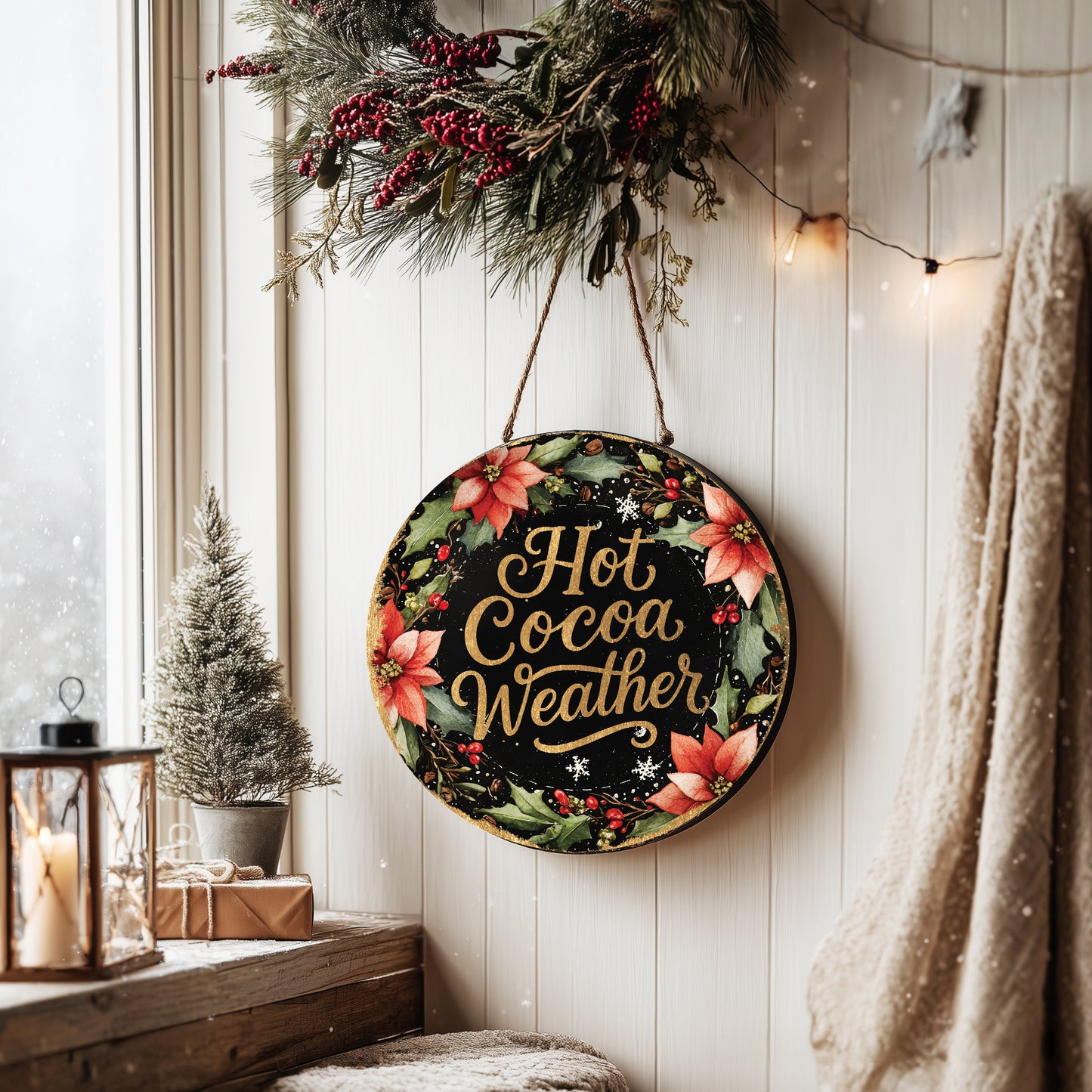 Winter Hot Cocoa Welcome Sign | Farmhouse Round Door & Wall Decor