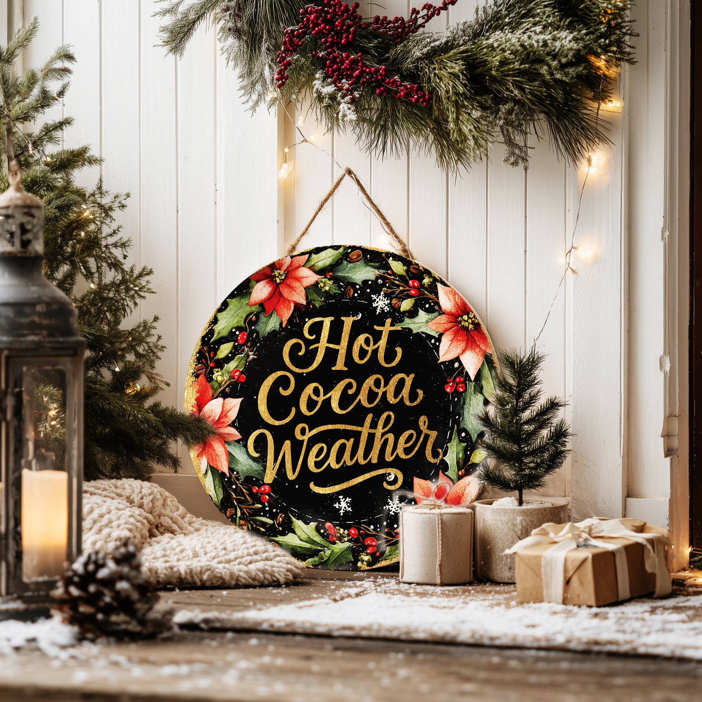 Winter Hot Cocoa Welcome Sign | Farmhouse Round Door & Wall Decor