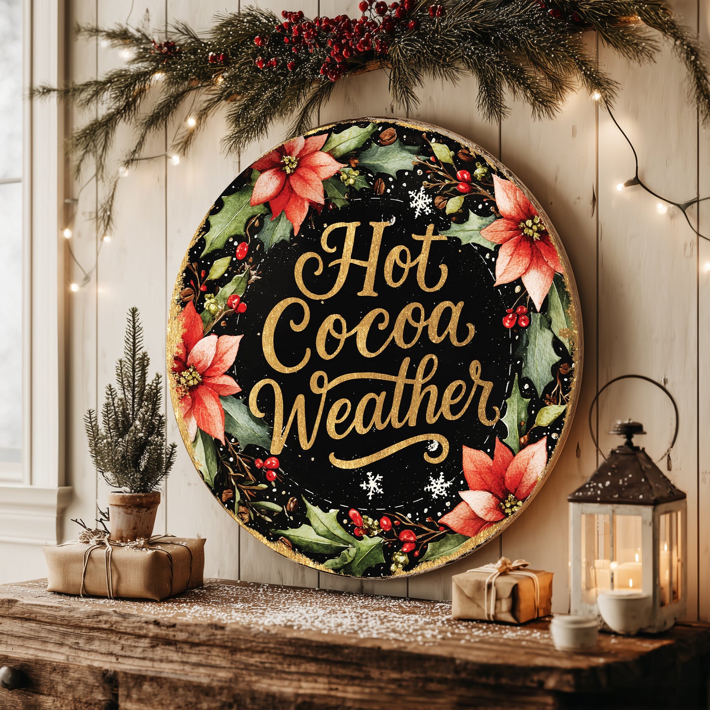 Winter Hot Cocoa Welcome Sign | Farmhouse Round Door & Wall Decor