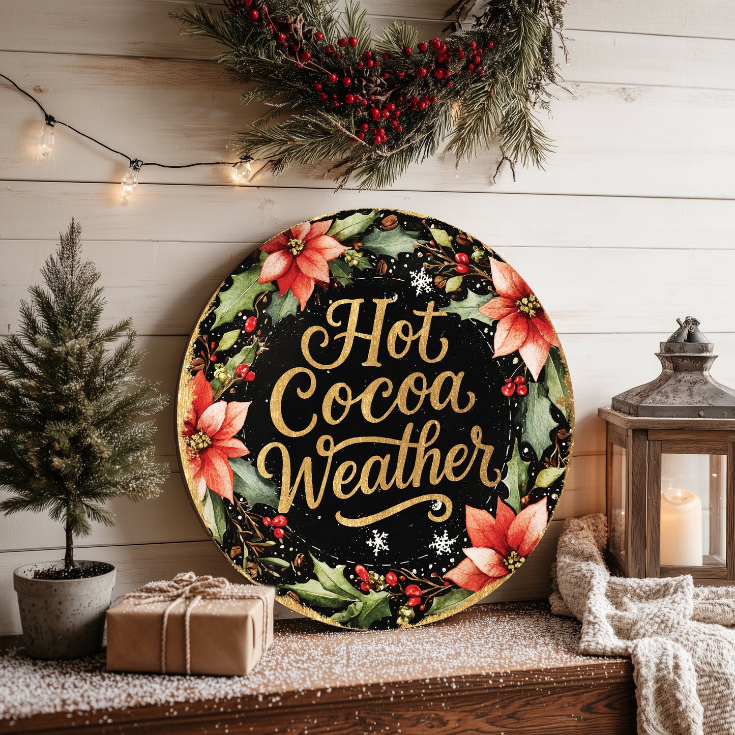 Winter Hot Cocoa Welcome Sign | Farmhouse Round Door & Wall Decor