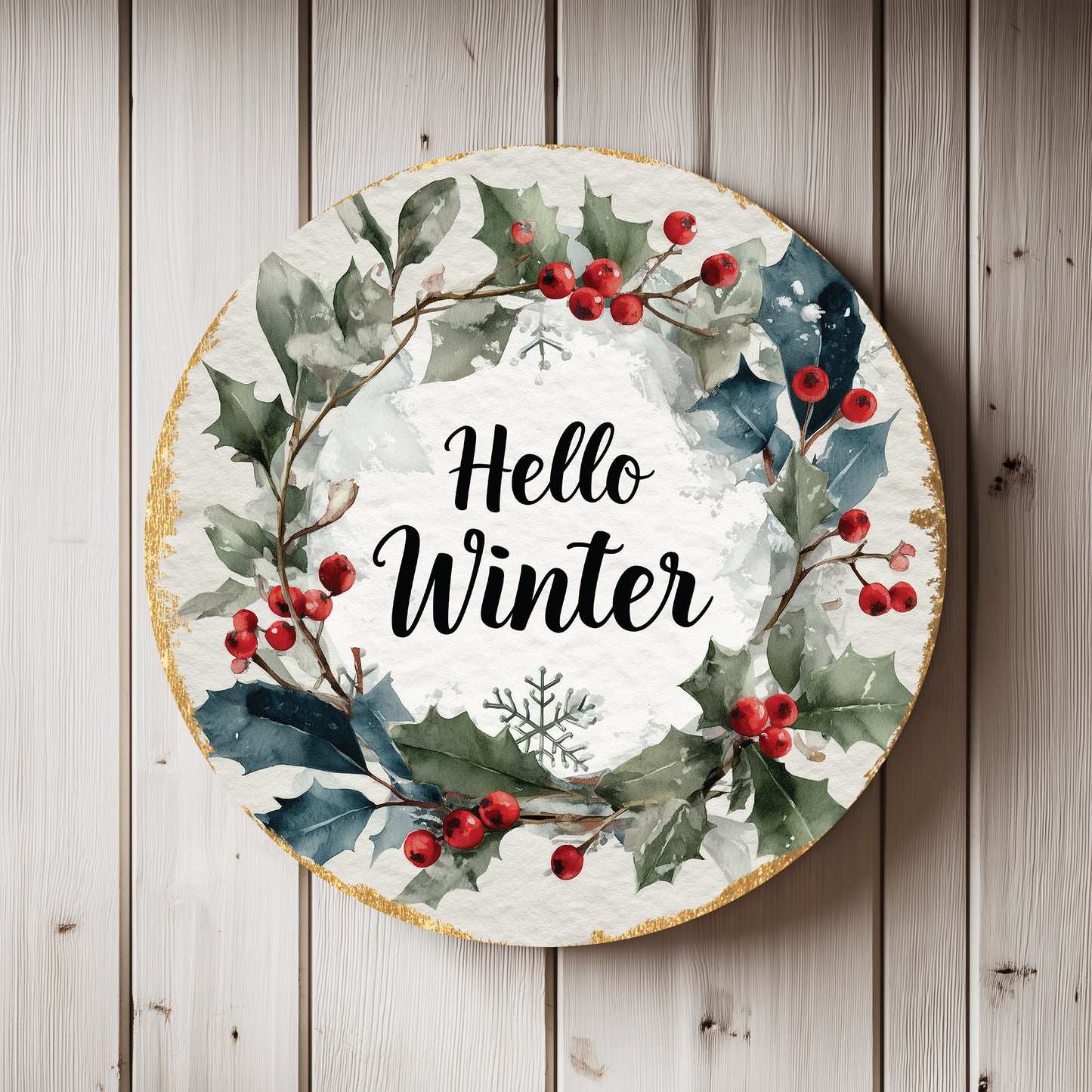 Hello Winter Farmhouse Round Wall Sign | Rustic Seasonal Decor