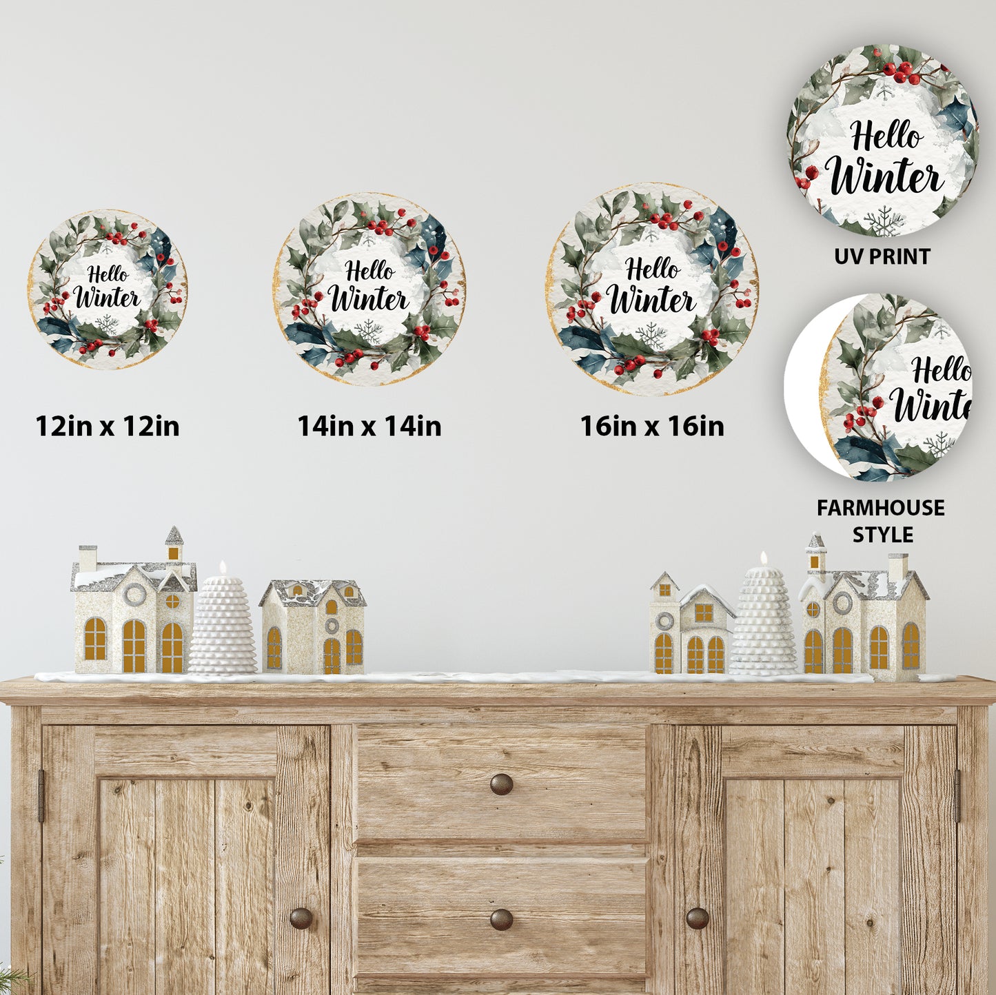 Hello Winter Farmhouse Round Wall Sign | Rustic Seasonal Decor