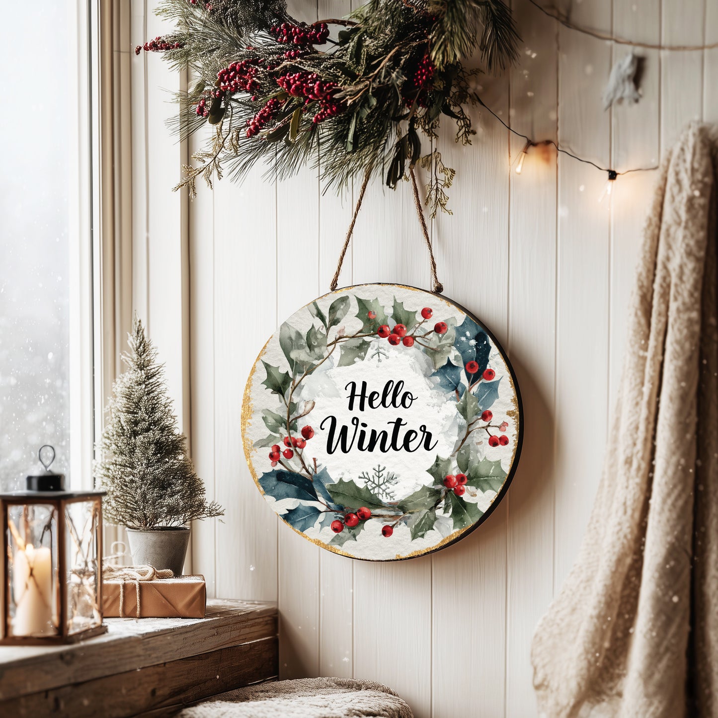 Hello Winter Farmhouse Round Wall Sign | Rustic Seasonal Decor