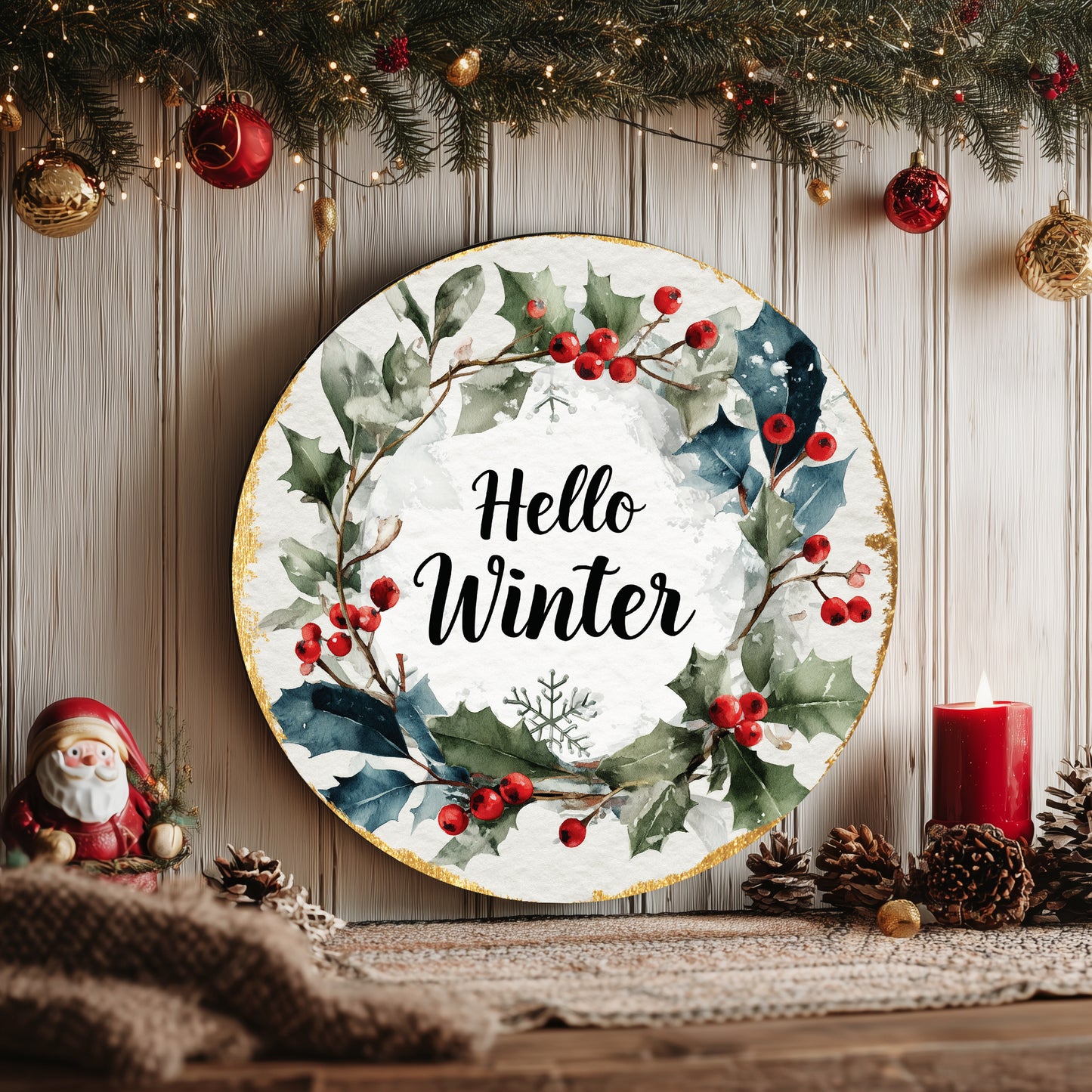 Hello Winter Farmhouse Round Wall Sign | Rustic Seasonal Decor