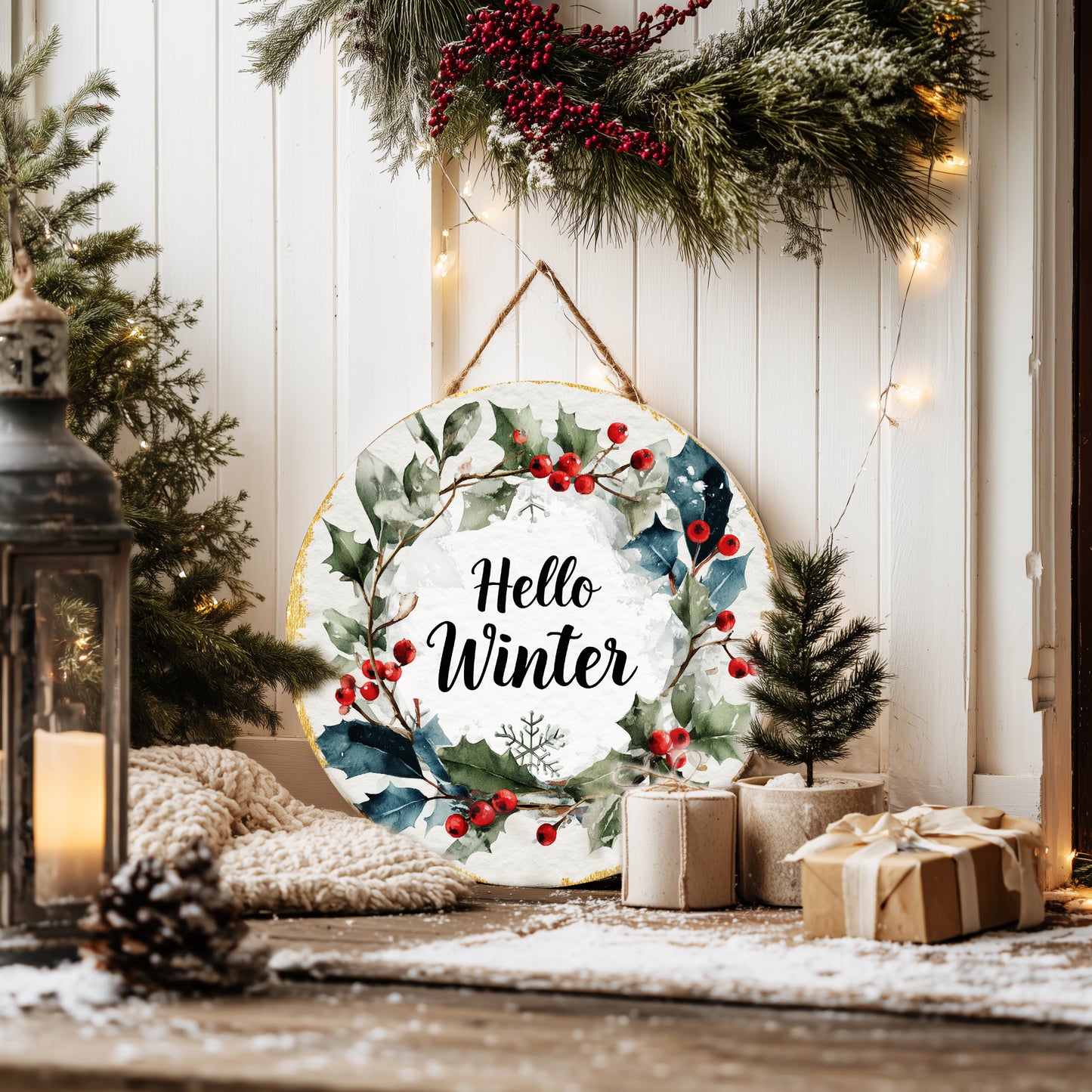 Hello Winter Farmhouse Round Wall Sign | Rustic Seasonal Decor