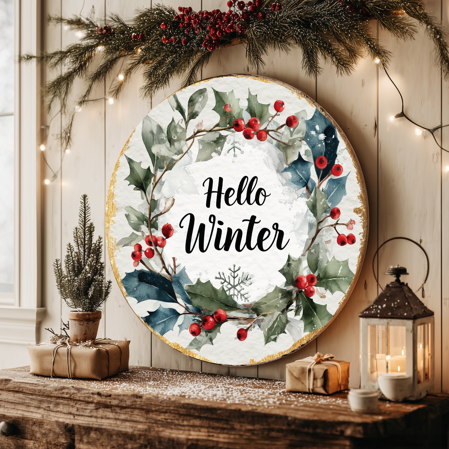 Hello Winter Farmhouse Round Wall Sign | Rustic Seasonal Decor