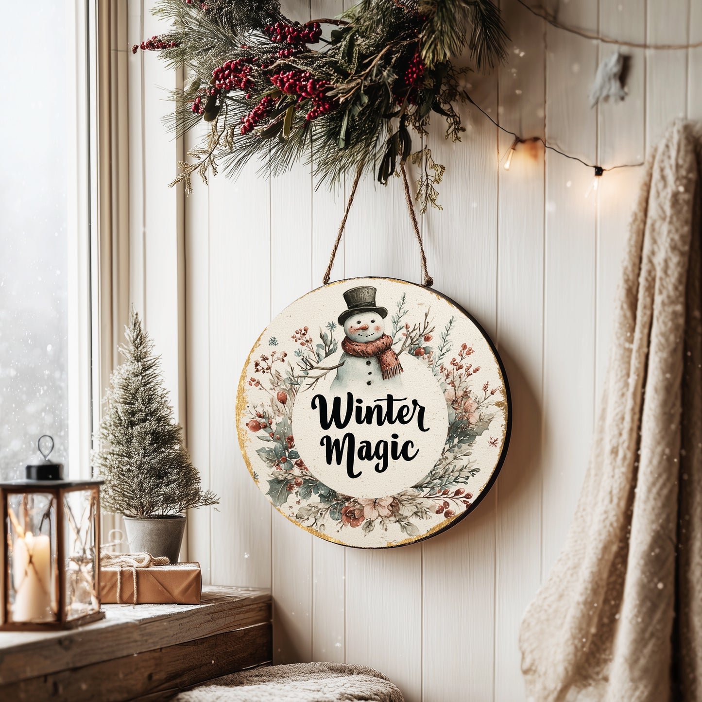 Cozy Winter Snowman Welcome Sign | Rustic Farmhouse Front Door Wall Decor