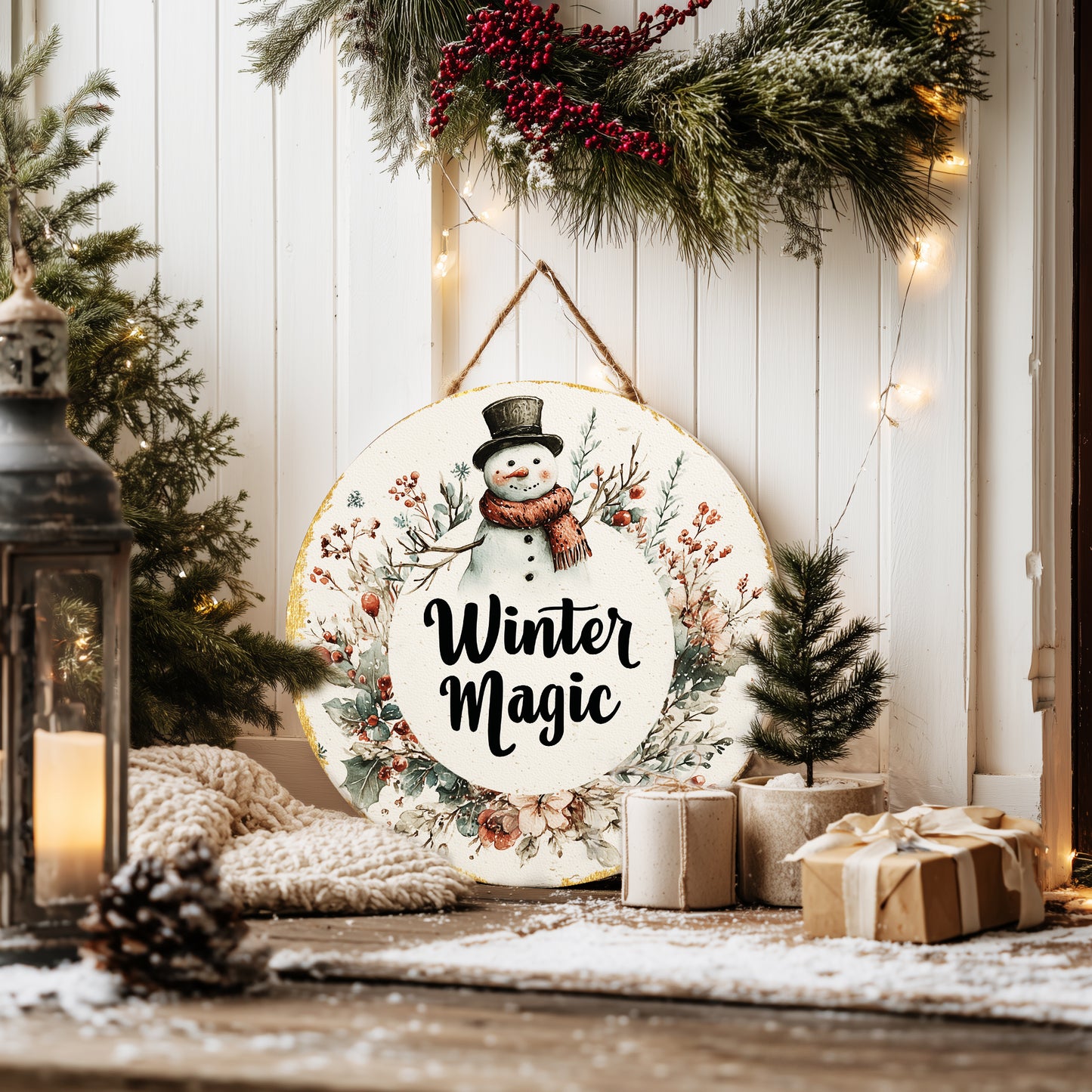 Cozy Winter Snowman Welcome Sign | Rustic Farmhouse Front Door Wall Decor