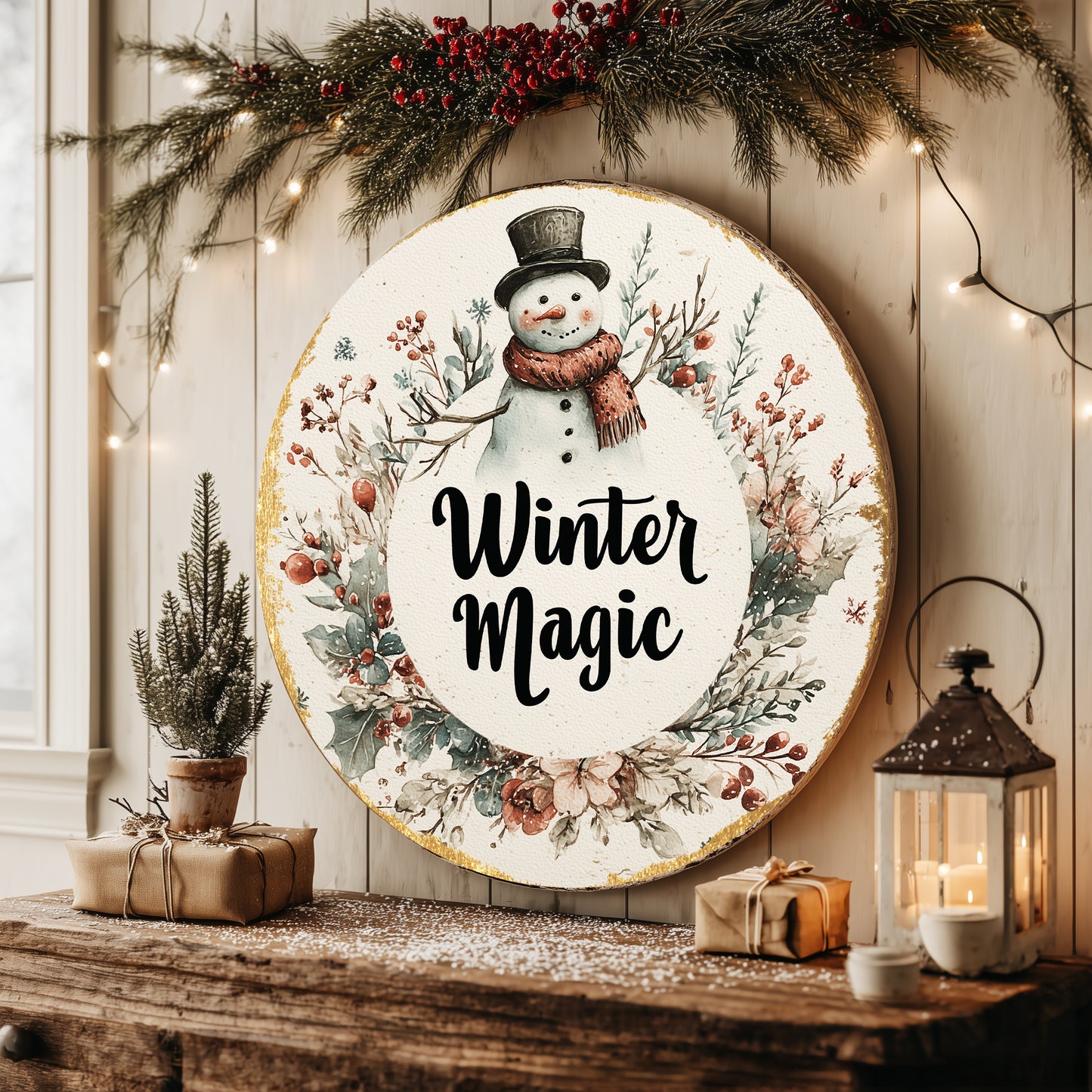 Cozy Winter Snowman Welcome Sign | Rustic Farmhouse Front Door Wall Decor