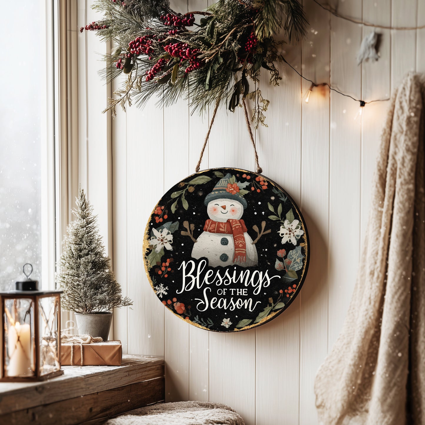 Winter Blessings Round Door Sign | Farmhouse Holiday Wall Decor