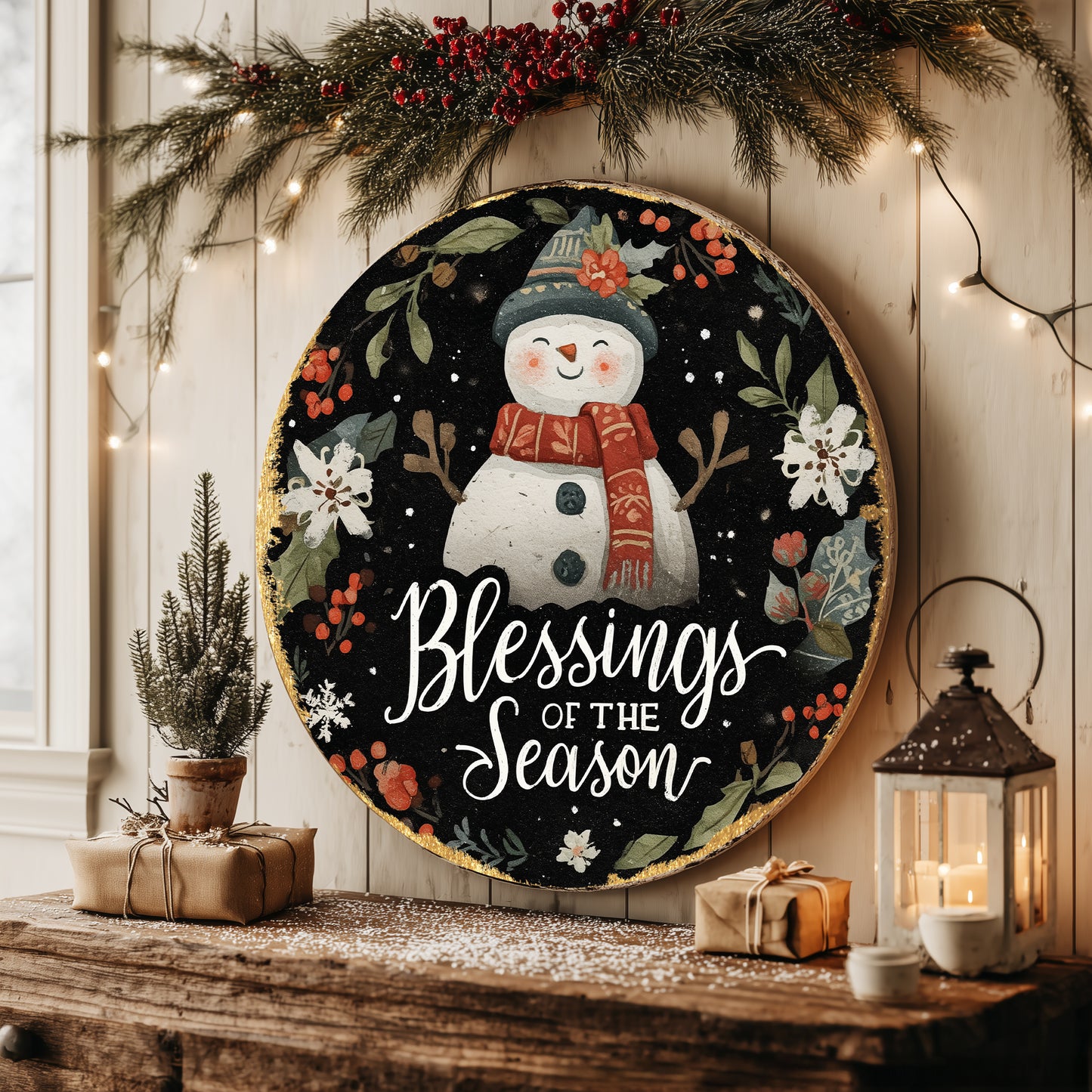 Winter Blessings Round Door Sign | Farmhouse Holiday Wall Decor