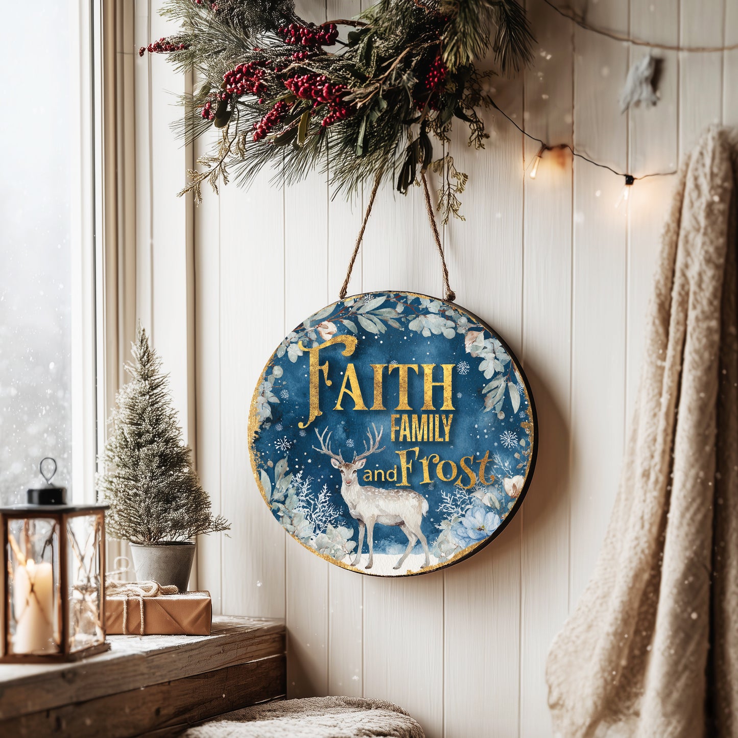Cozy Farmhouse Winter Door Sign | Faith, Family & Frost Holiday Decor