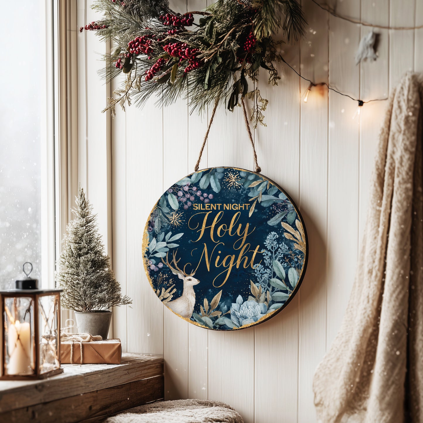 Cozy Farmhouse Silent Night Winter Door Sign | Rustic Christmas Decor