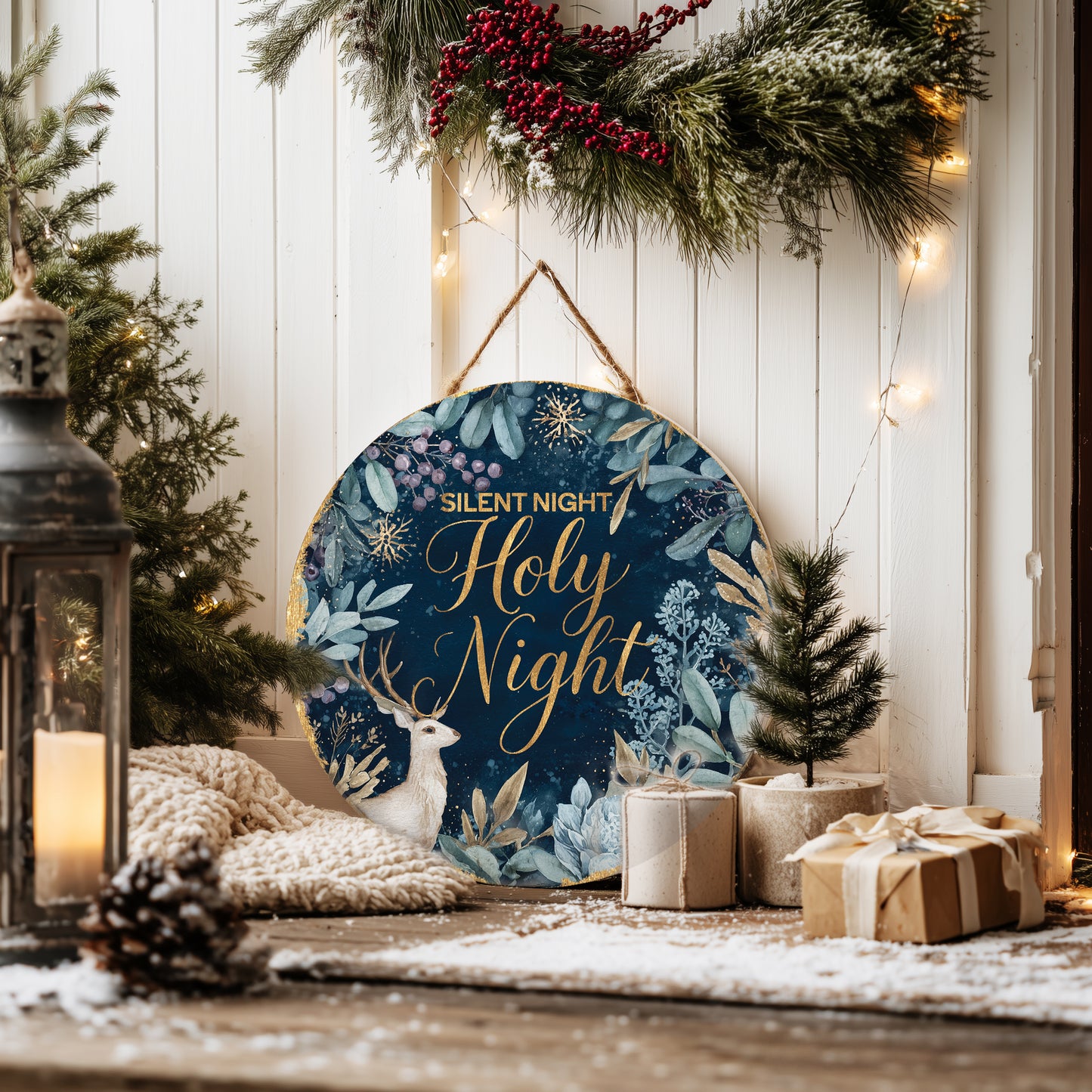 Cozy Farmhouse Silent Night Winter Door Sign | Rustic Christmas Decor