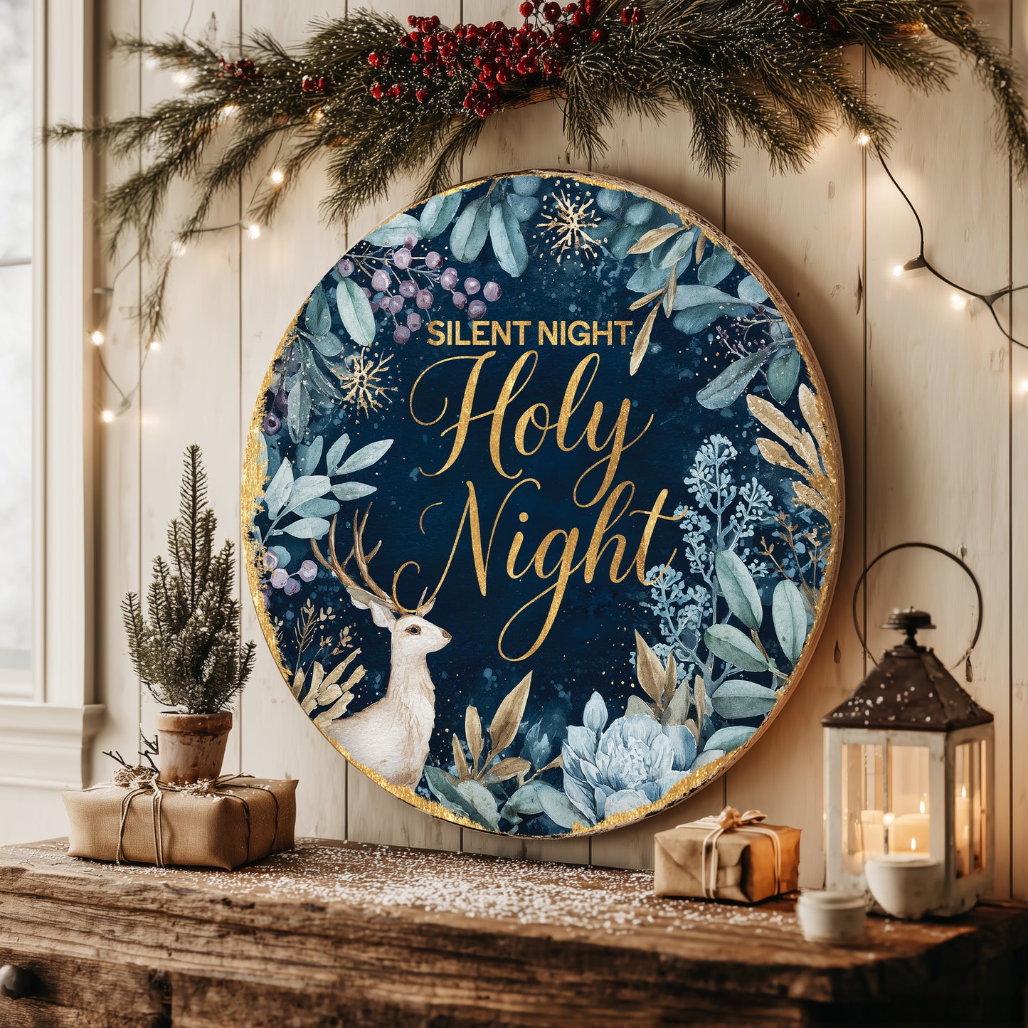 Cozy Farmhouse Silent Night Winter Door Sign | Rustic Christmas Decor