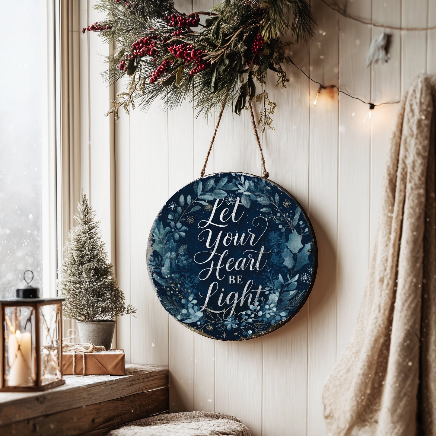 Winter Farmhouse Wall Sign | Rustic 'Let Your Heart Be Light' Decor