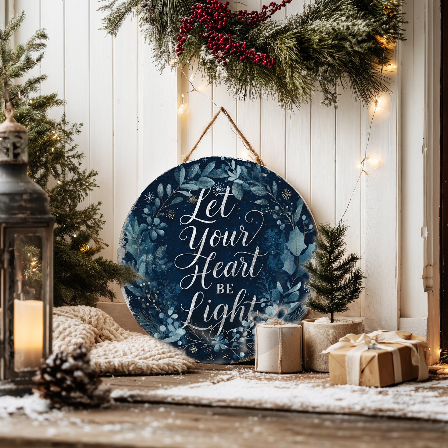 Winter Farmhouse Wall Sign | Rustic 'Let Your Heart Be Light' Decor
