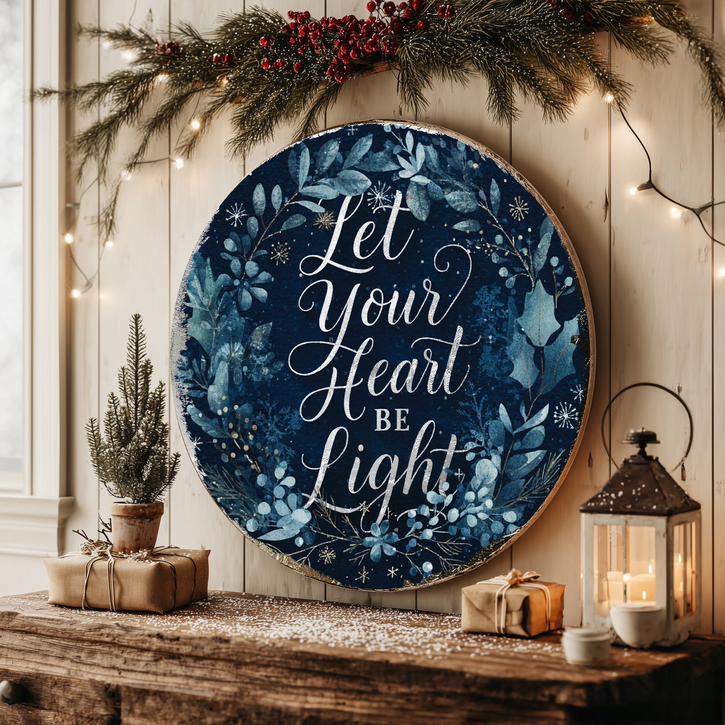 Winter Farmhouse Wall Sign | Rustic 'Let Your Heart Be Light' Decor