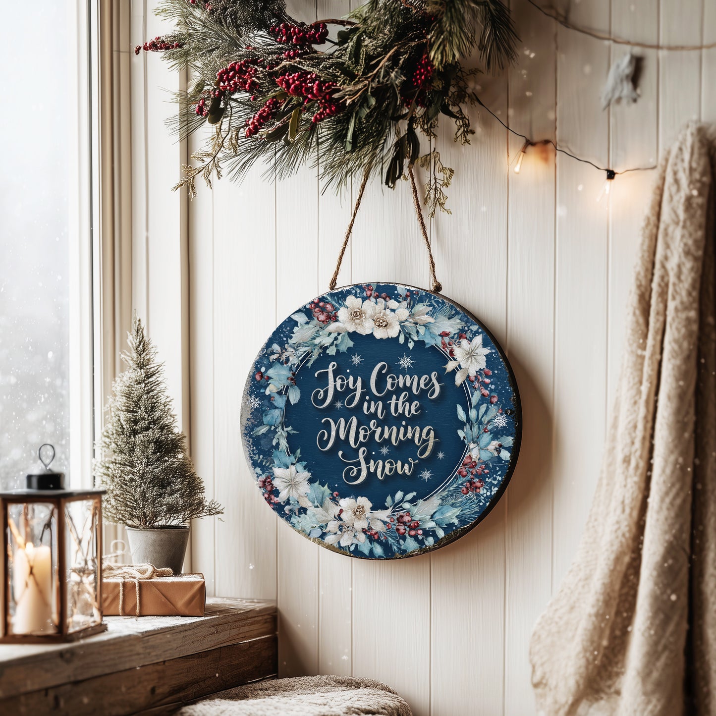 Winter Farmhouse Wall Art | Rustic Joy Comes in the Morning Sign