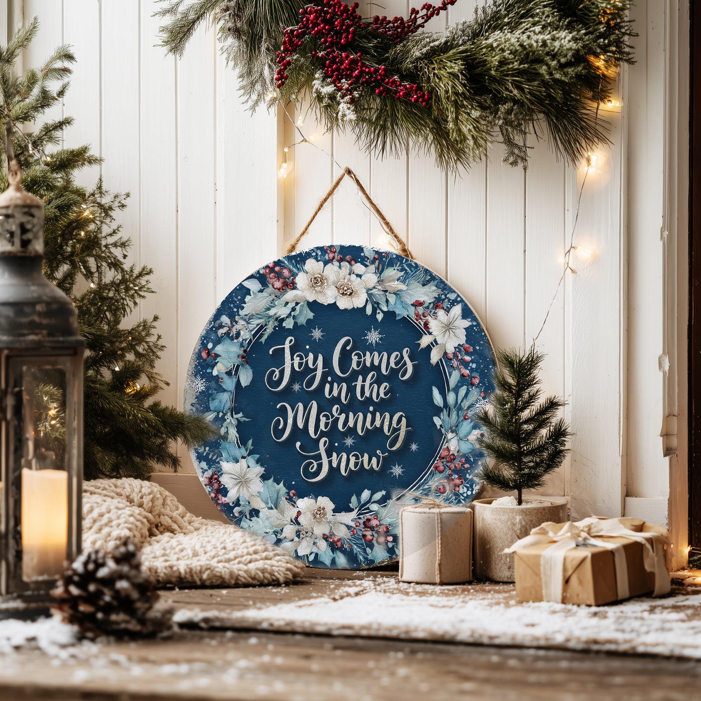 Winter Farmhouse Wall Art | Rustic Joy Comes in the Morning Sign